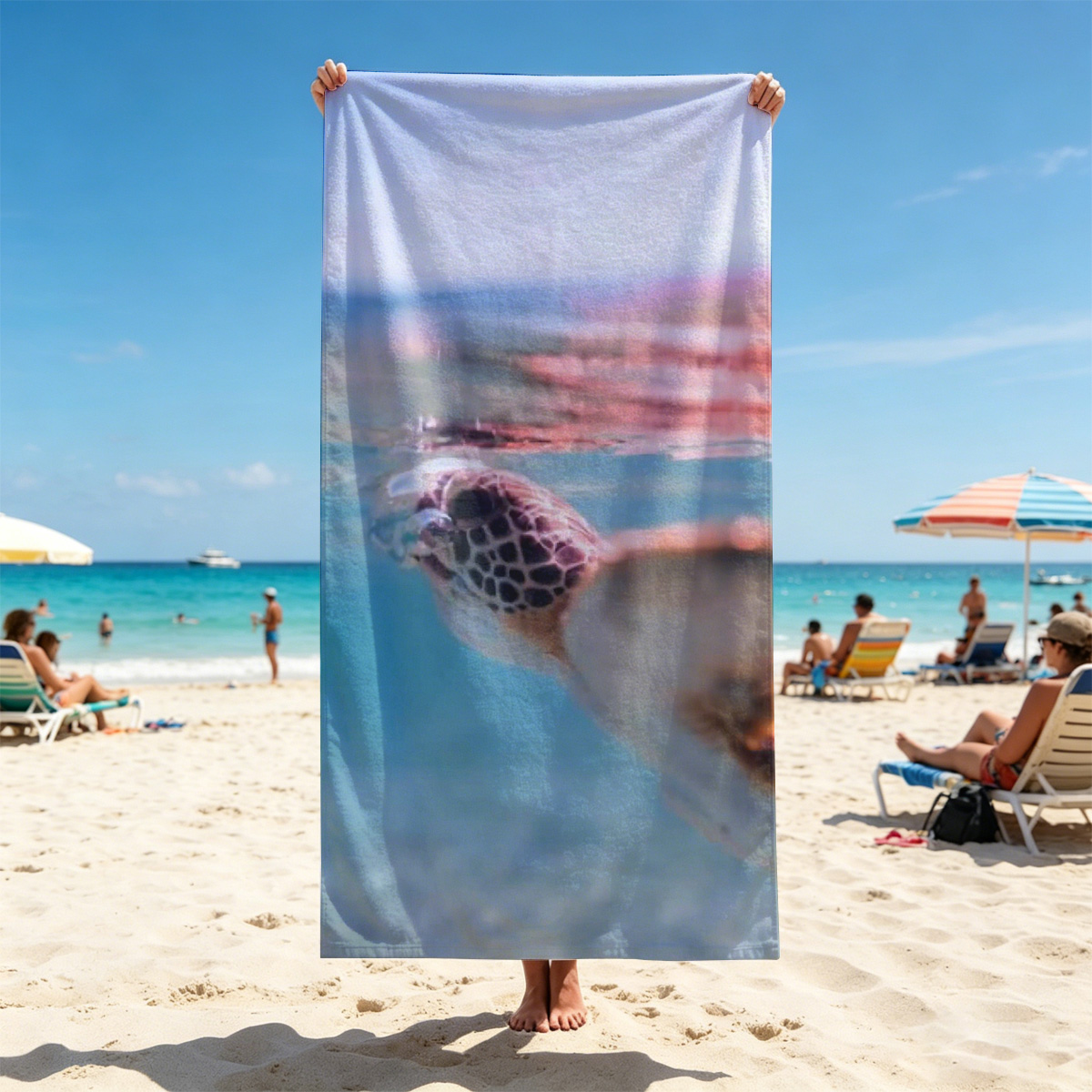 Sea turtle swimming at surface, half above water, clear blue ocean backdrop. - Beach towels