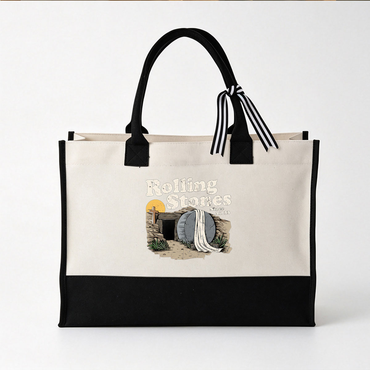 Rolling Stones Since AD 33: Easter Tomb with Stone and Cross - Canvas patchwork gift tote bag