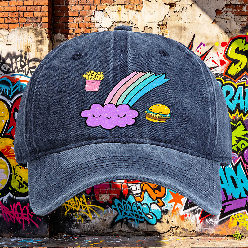Unisex Classic Washed Cap with Kawaii Rainbow Cloud, Happy Fries & Burger Print – Casual Streetwear Hat for Youth and Trendy Adults, Perfect for Daily Wear, Outings, and Festivals
