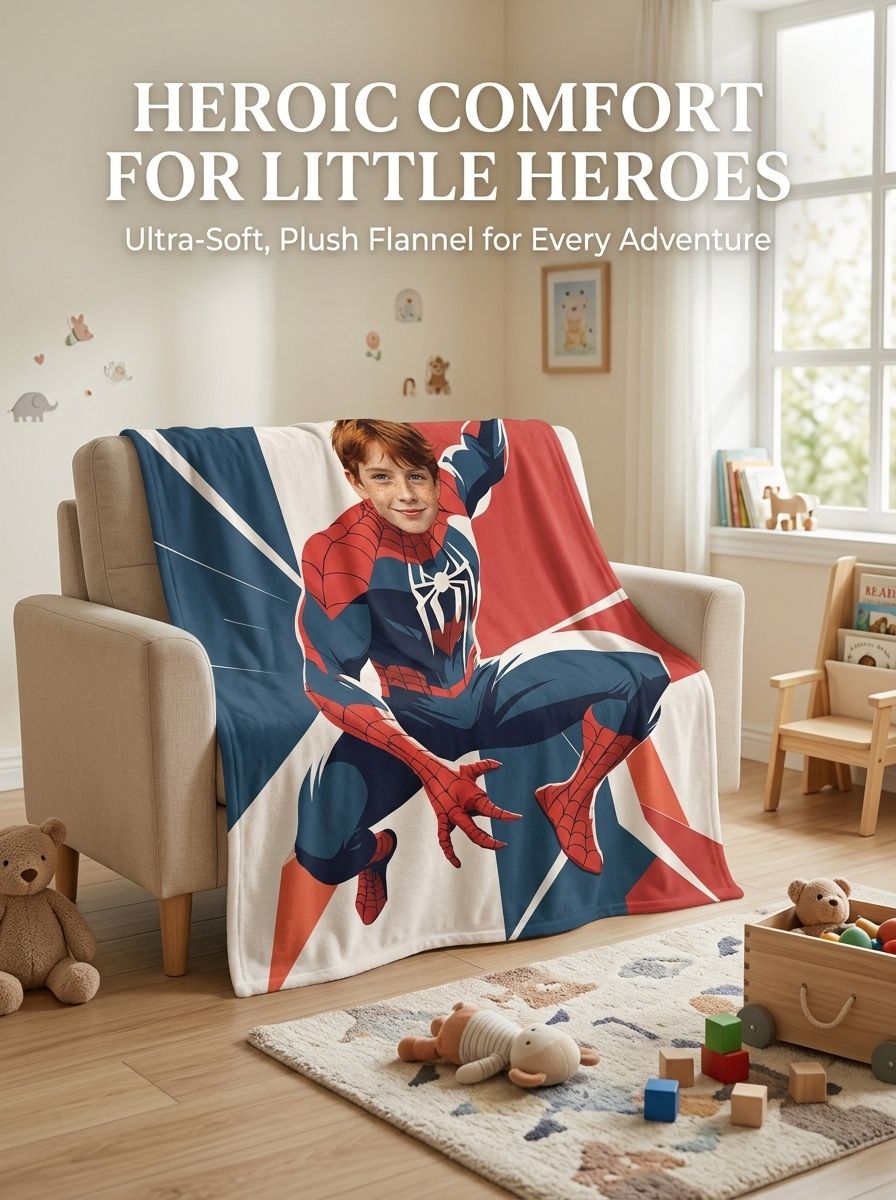 Custom Photo Face Superhero Flannel Blanket Ultra Soft Fleece Throw Personalized Gift for Kids and Superhero Fans