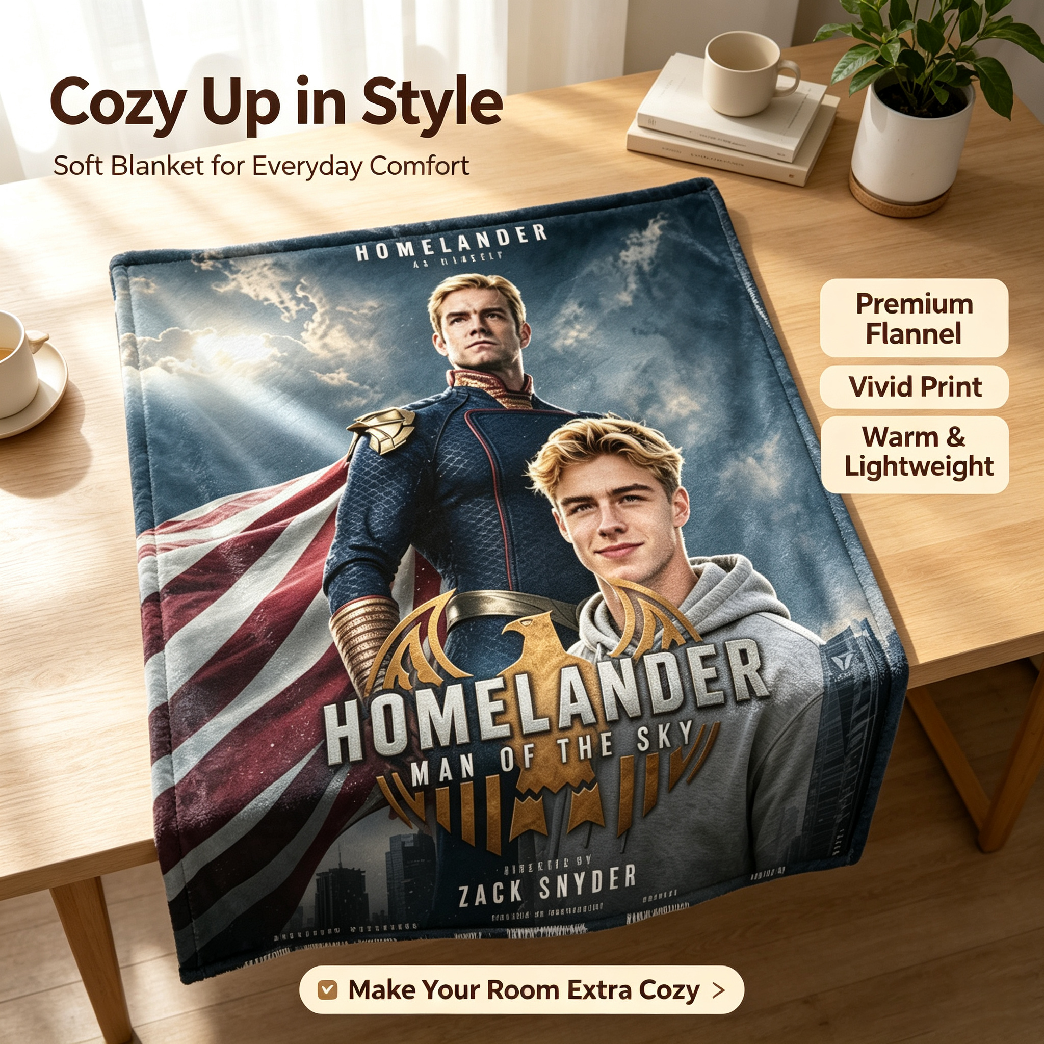 Custom Face Blanket Homelander Man of the Sky Flannel Blanket Superhero Fan Gift for Teens and Adults Perfect for Couch, Bed, or Movie Night Giveaway