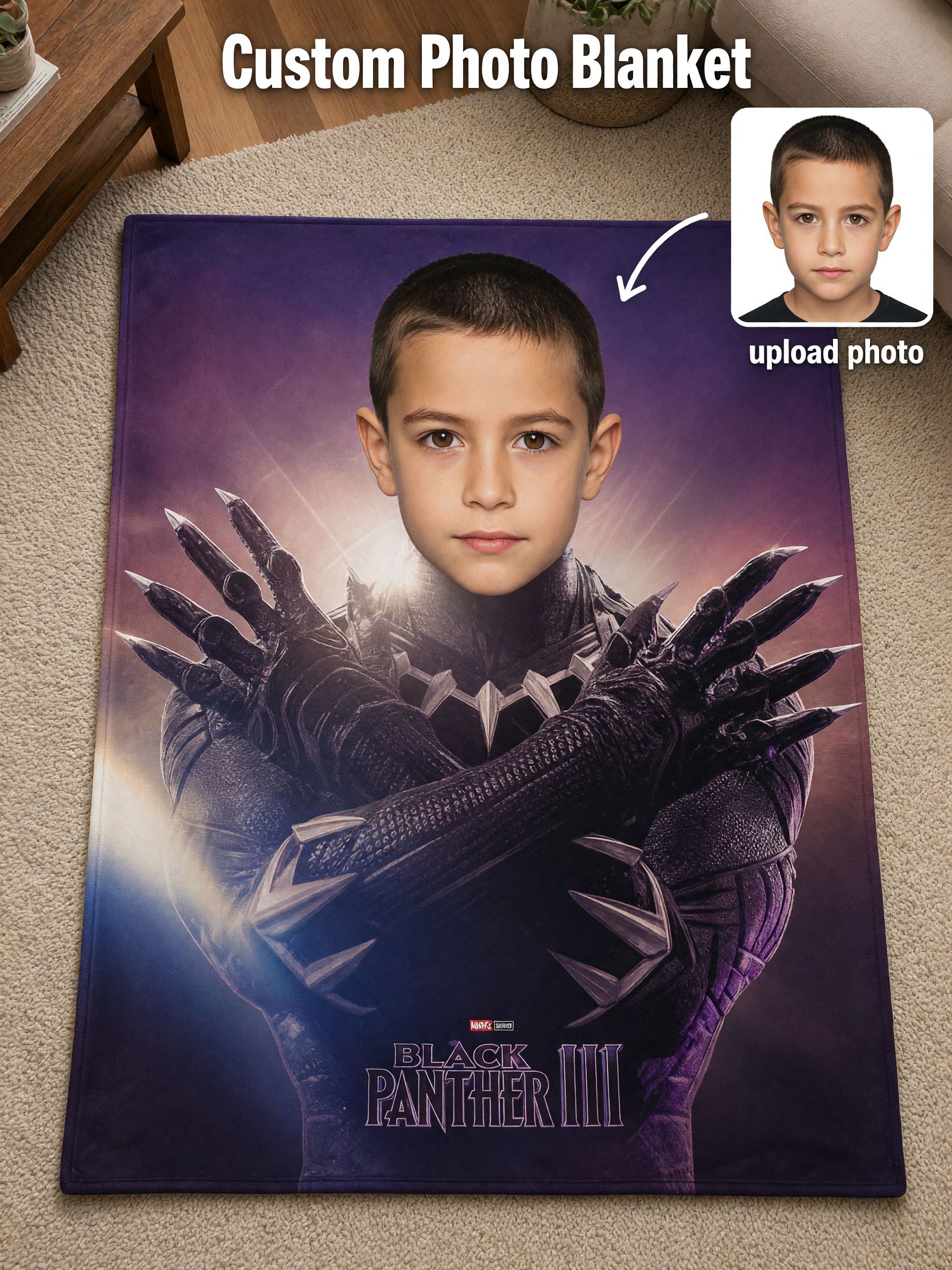 Personalized Custom Face Blanket, Superhero Comic Photo Soft Flannel Fleece Throw for Kids Boys and Couch Bed Gift