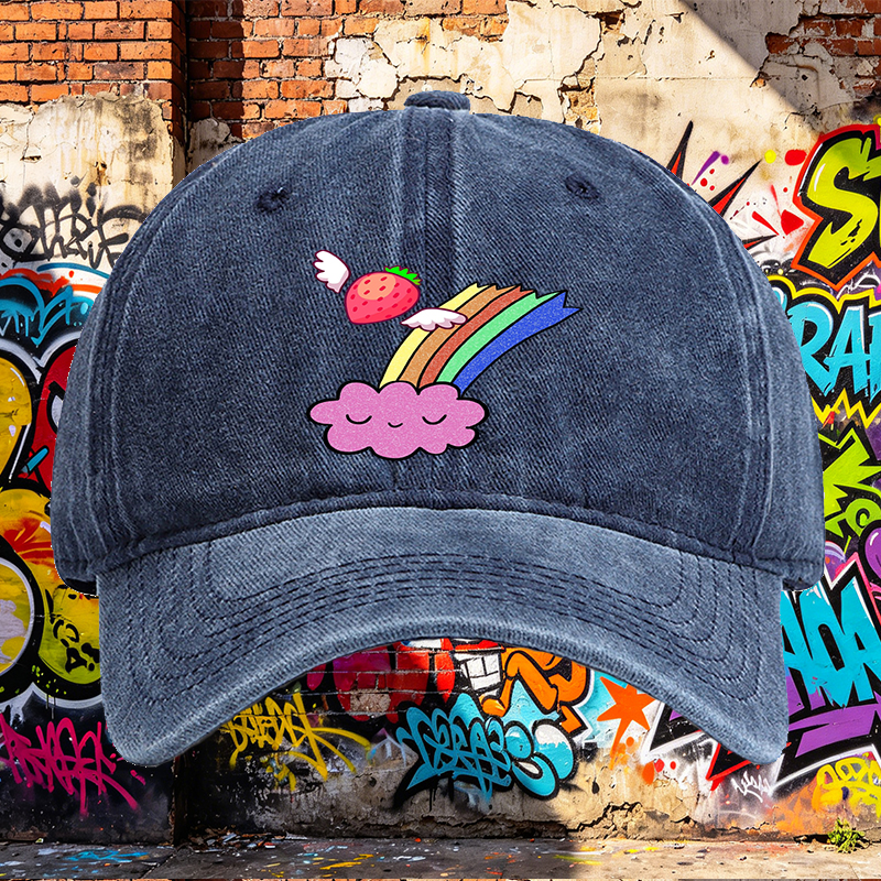 Unisex Classic Washed Cap with Flying Strawberry Rainbow Cloud Print - Perfect for Casual Outings, Travel, and Everyday Wear - Ideal for Teens and Young Adults Seeking Fun, Colorful Streetwear Style