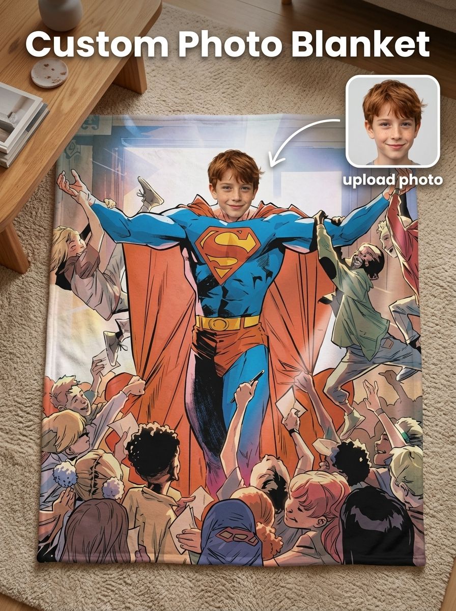 Custom Photo Face Superhero Blanket Soft Velvet Flannel Throw Personalized Comic Keepsake Gift for Kids and Adults