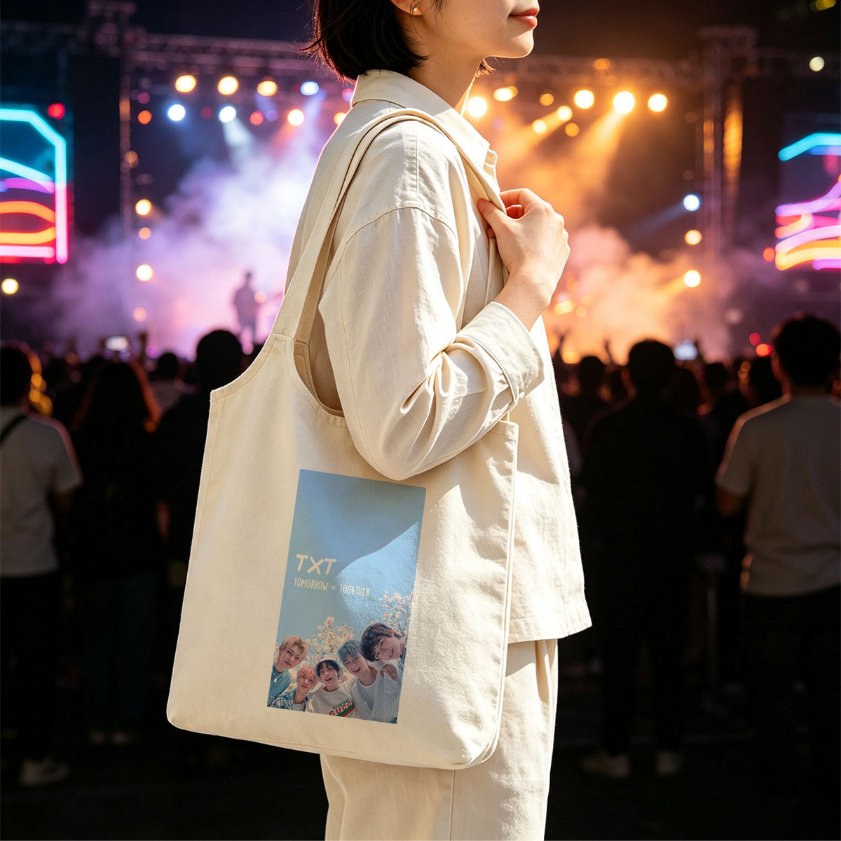 TXT Tomorrow x Together Members in a Spring Cherry Blossom Scene Under a Clear Blue Sky - Canvas shoulder bags/