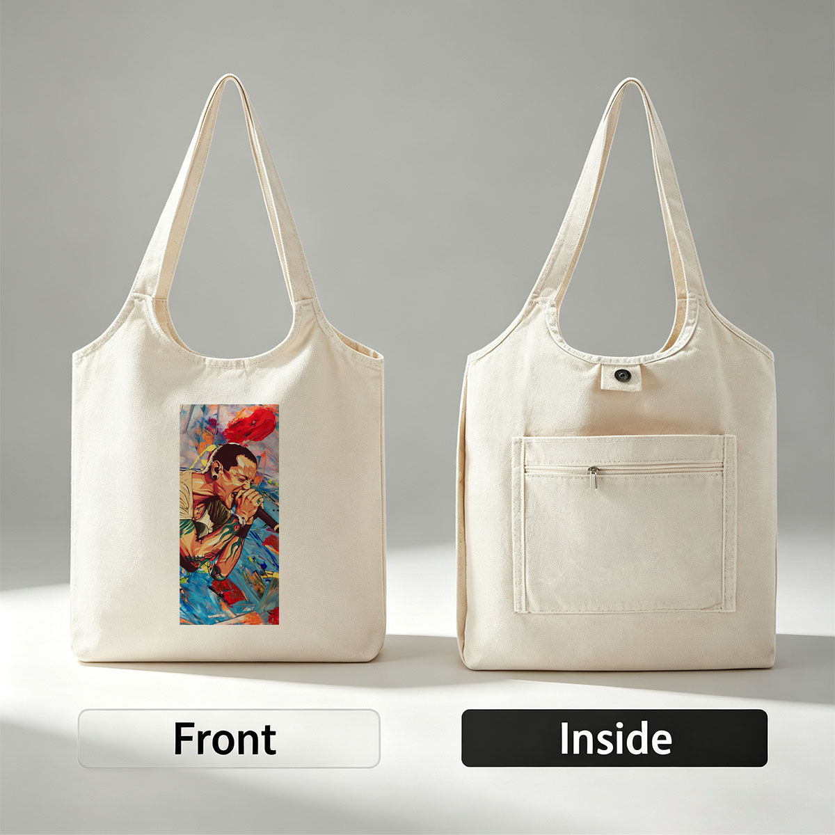 Chris Brown Singing into Microphone in Vibrant Abstract Art Style - Canvas shoulder bags/