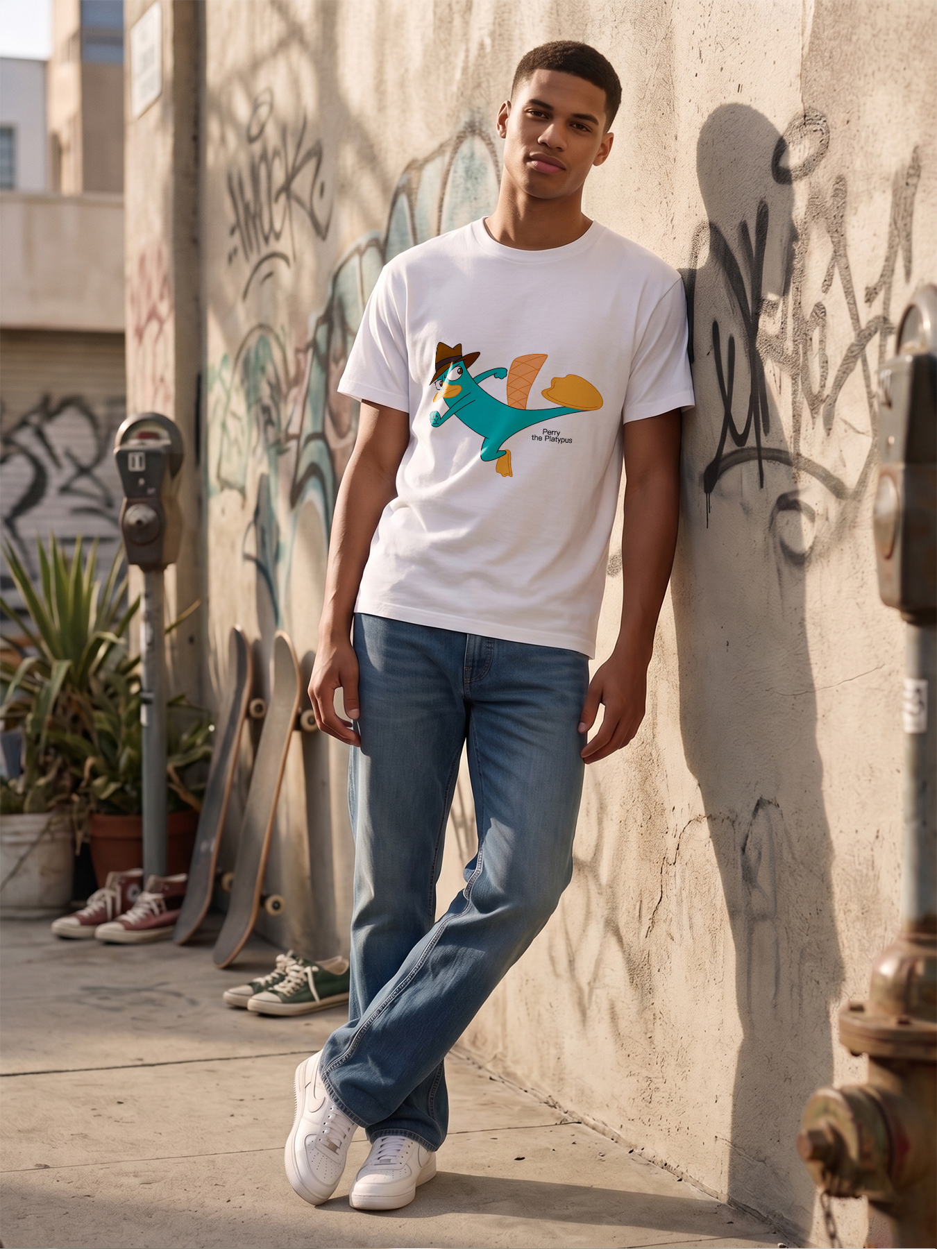 Men's Printed T-Shirt Featuring Blue Duck with Hat and Dynamic Pose - Casual Round Neck Summer Lightweight Breathable Short Sleeve T-Shirt for Outdoor Activities, Daily Wear, and Fun Outings - Ideal for Adults Who Love Cartoon Style and Humorous Designs