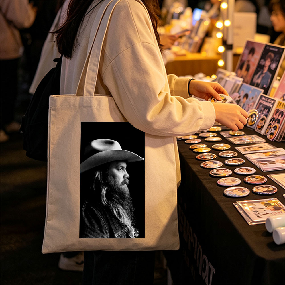Chris Stapleton in Profile with Cowboy Hat and Long Beard in Black and White Portrait - Canvas tote bags