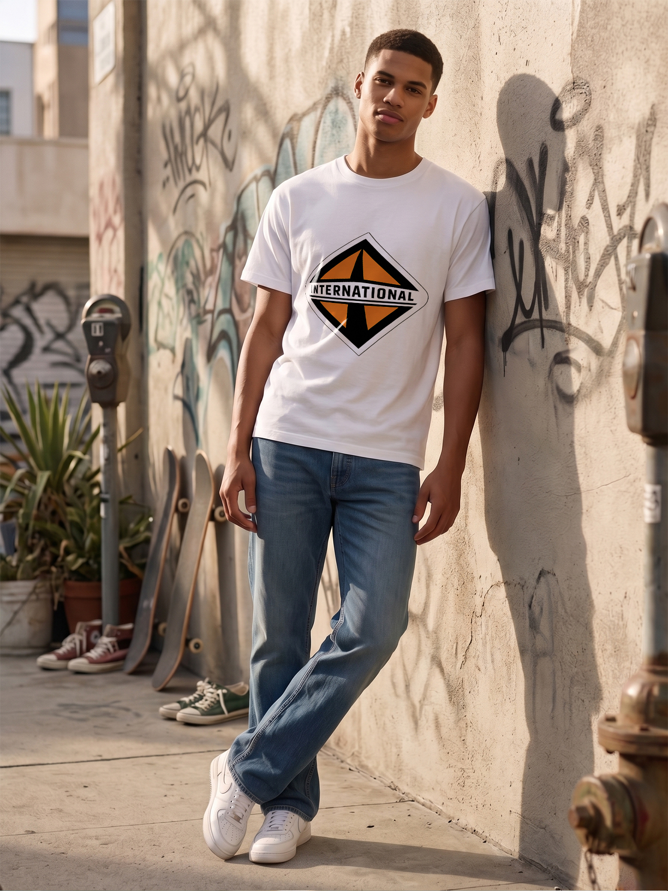 Men's Printed T-Shirt with Geometric Orange Diamond Design and 