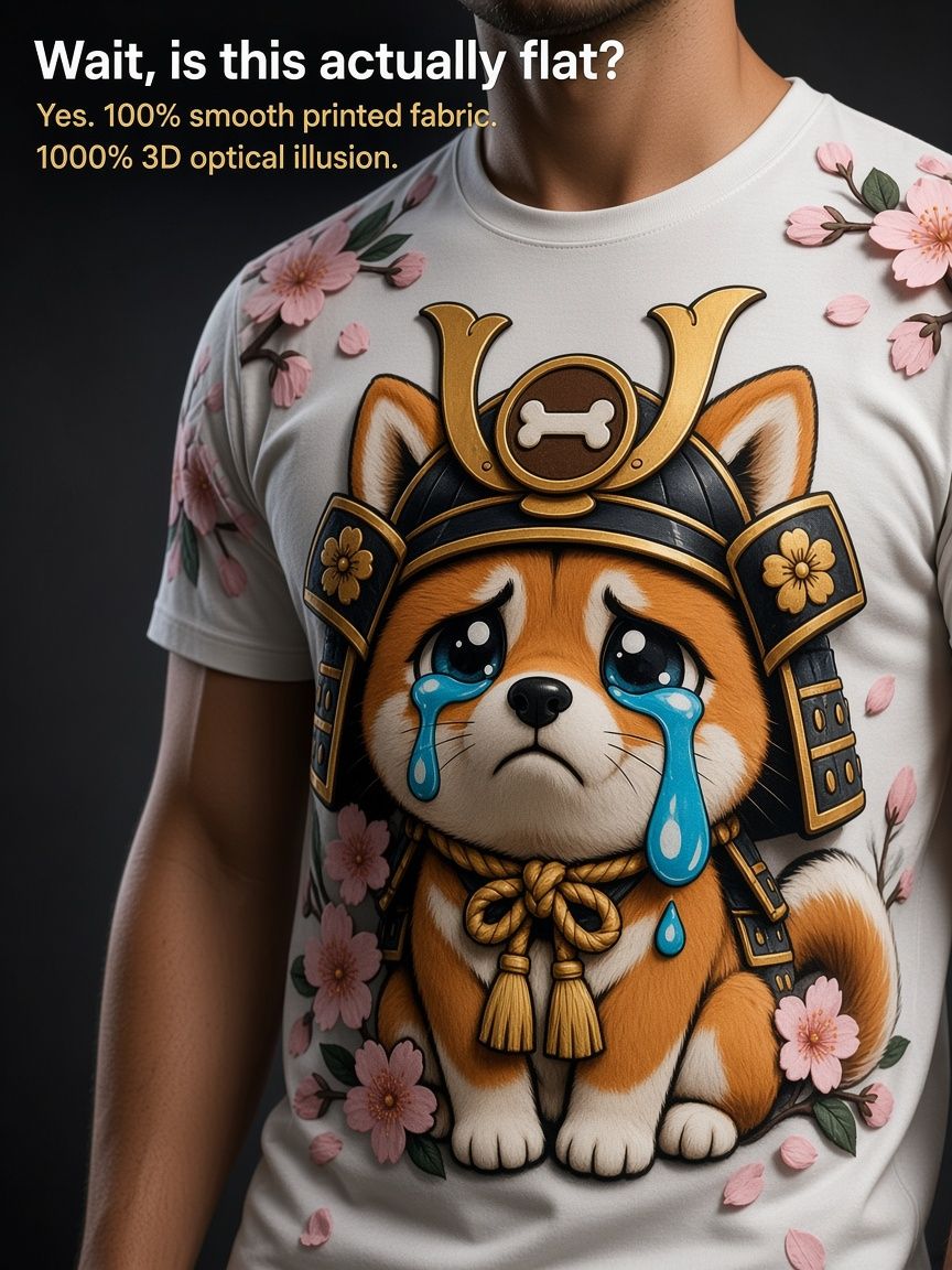 Samurai Dog Sakura 3D Optical Illusion Graphic Tee Breathable Athletic Mesh T-Shirt for Casual and Sports Wear