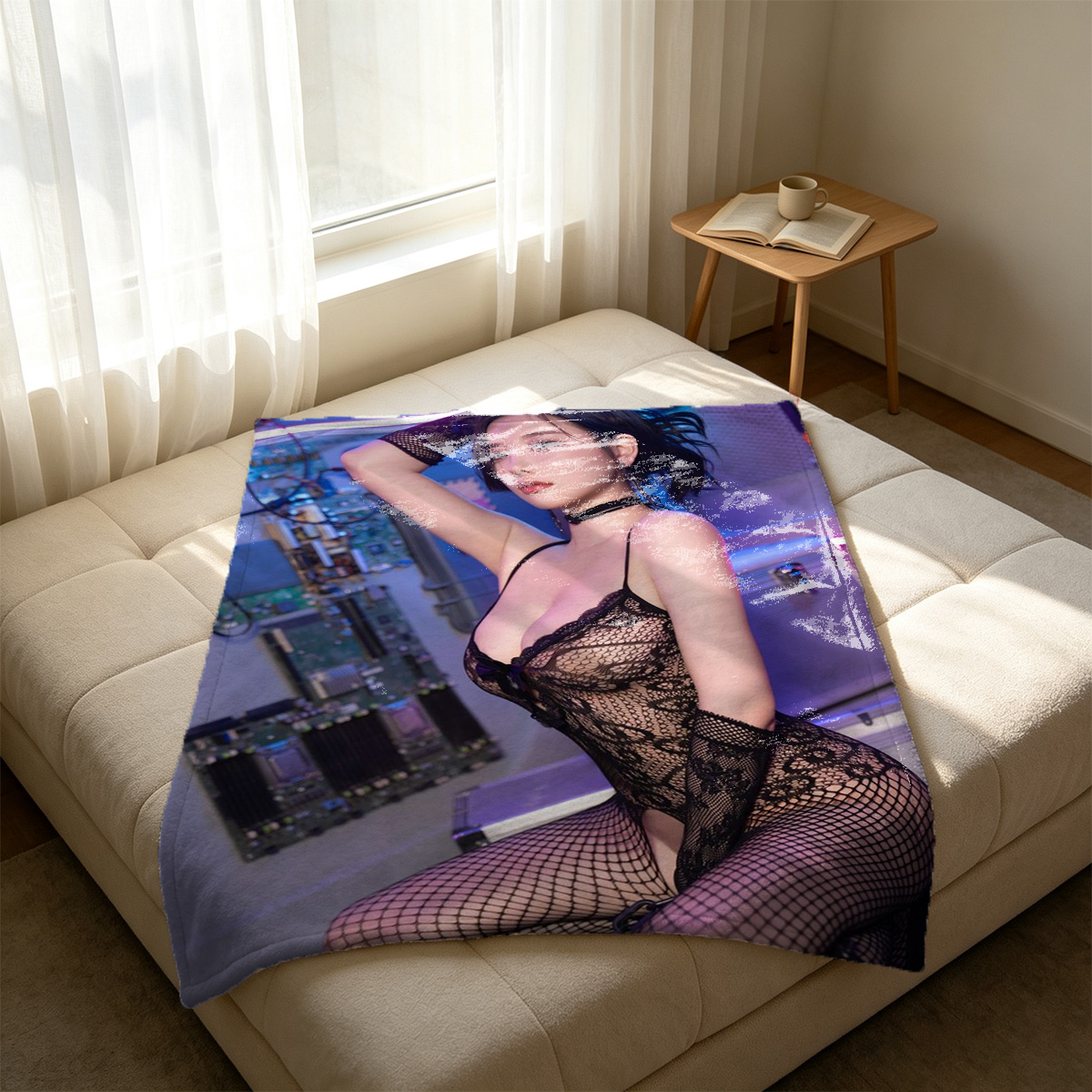 A woman in cream lingerie and white thigh-high stockings kneeling on a bed. - Blanket