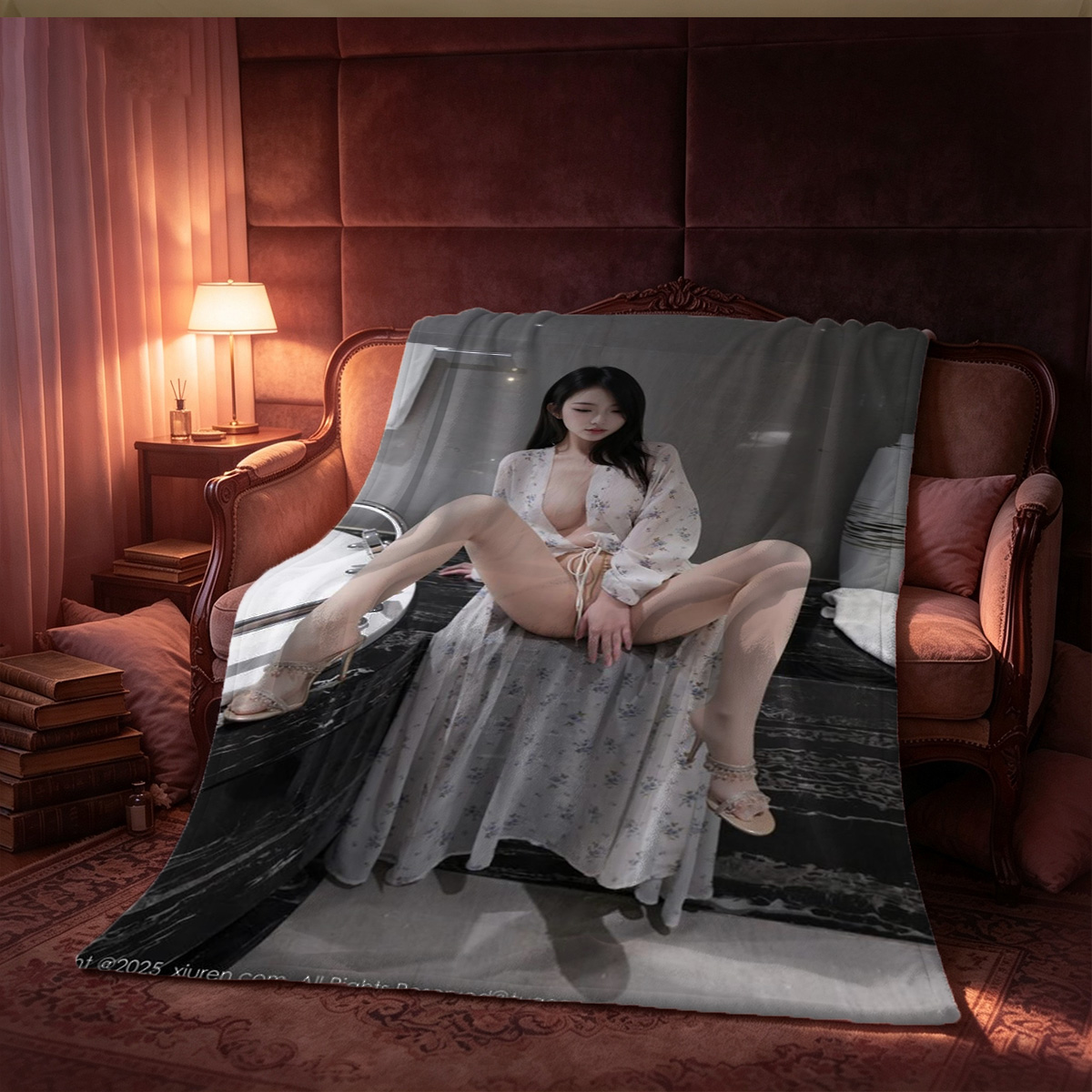 Two Women Kissing on a Couch, One in White Lingerie, One Nude - Blanket