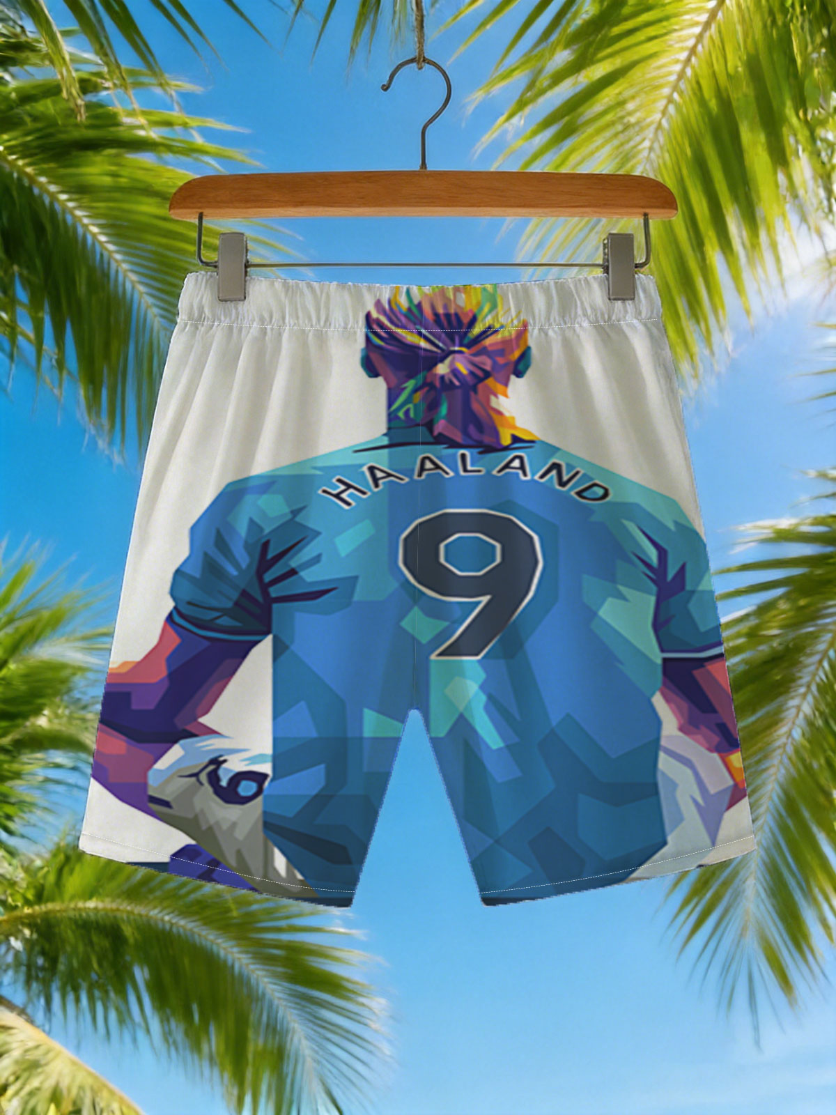 Haaland in Blue Jersey, Number 9, Sitting Back View -  Beach shorts