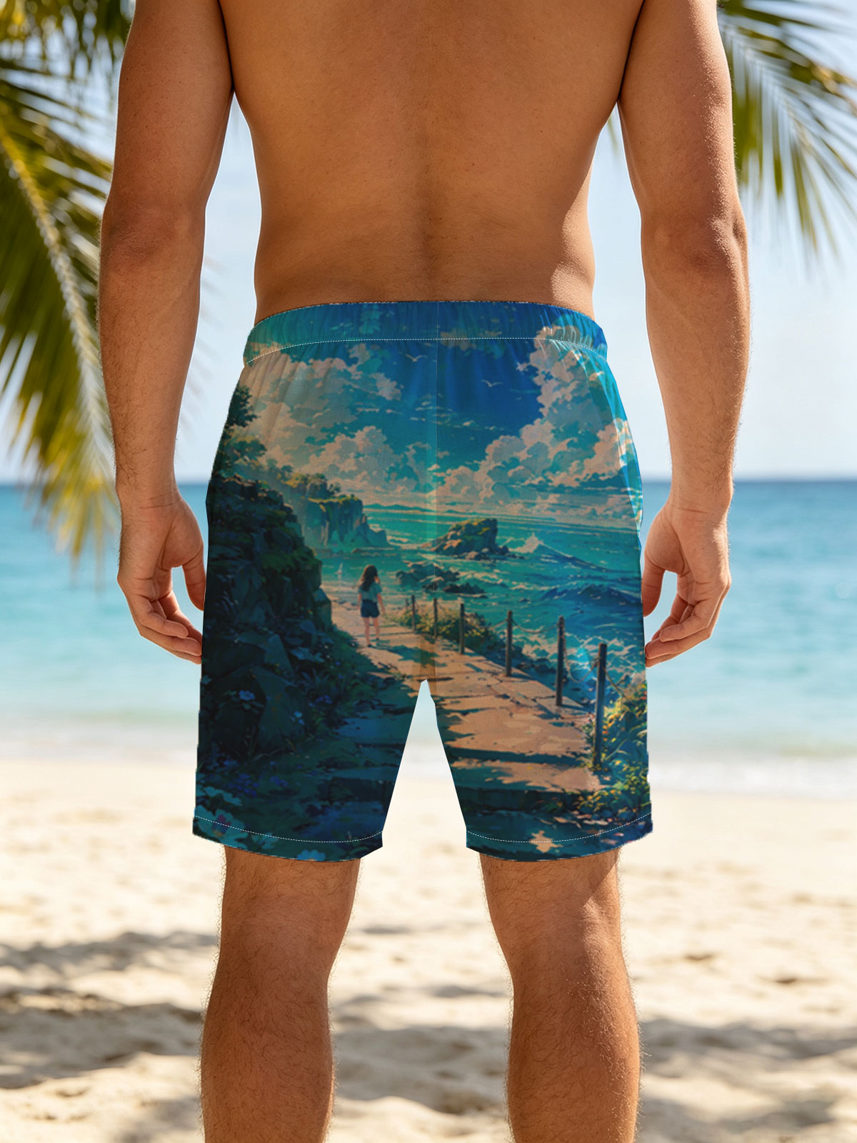 Girl walking on coastal path overlooking turquoise sea and rocky cliffs under bright blue sky -  Beach shorts