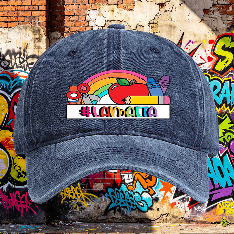 Unisex Classic Washed Cotton Hat with Rainbow Apple Art and #LAMMAETA Print - Perfect for School, Arts & Crafts, Teachers and Creative Adults