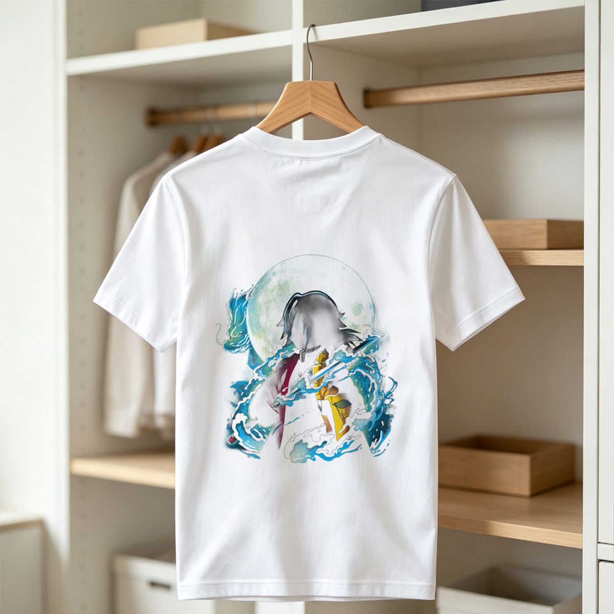 Demon Slayer Tanjiro Kamado Water Breathing Moon Background - Tee