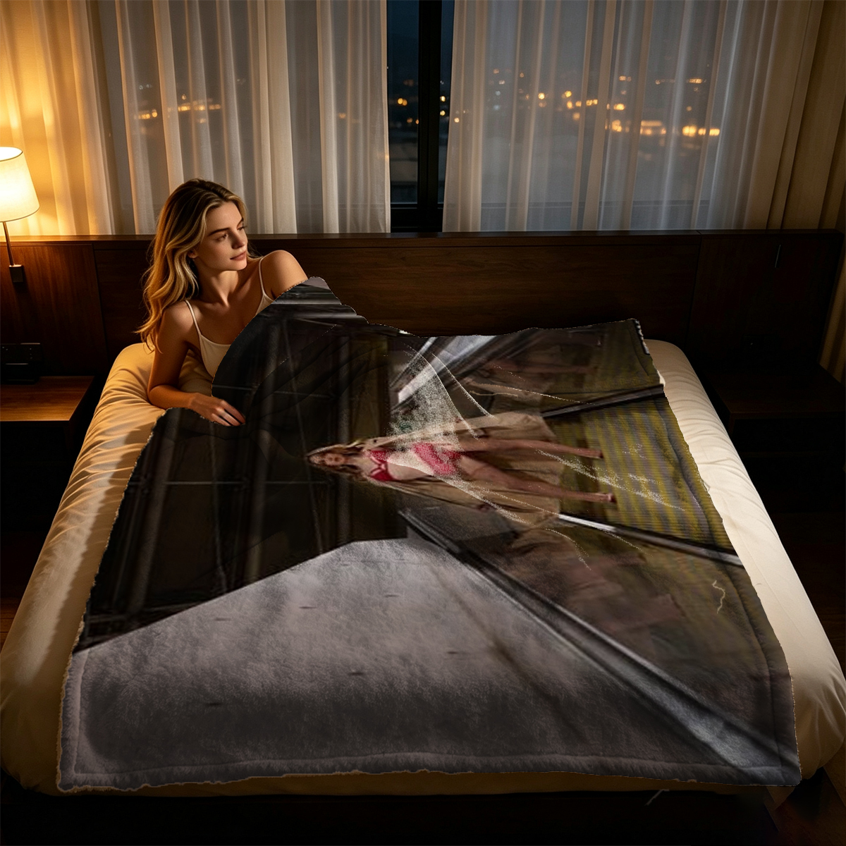 Nude blonde on bed in rustic bedroom - Blanket