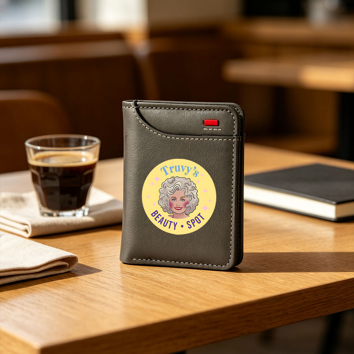 Truy's Beauty Spot: A Vibrant Logo Featuring a Stylish Character with Curly Hair and Sparkling Stars - Vertical Style Wallet