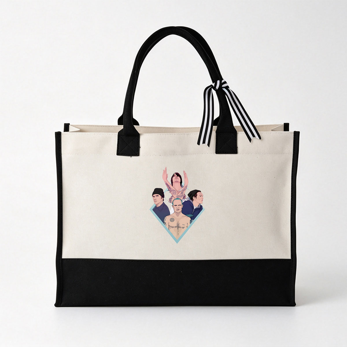 Blink-182 Band Members Portrait: Tom DeLonge, Mark Hoppus, Travis Barker, and Adam Duritz in Stylish Artwork - Canvas patchwork gift tote bag