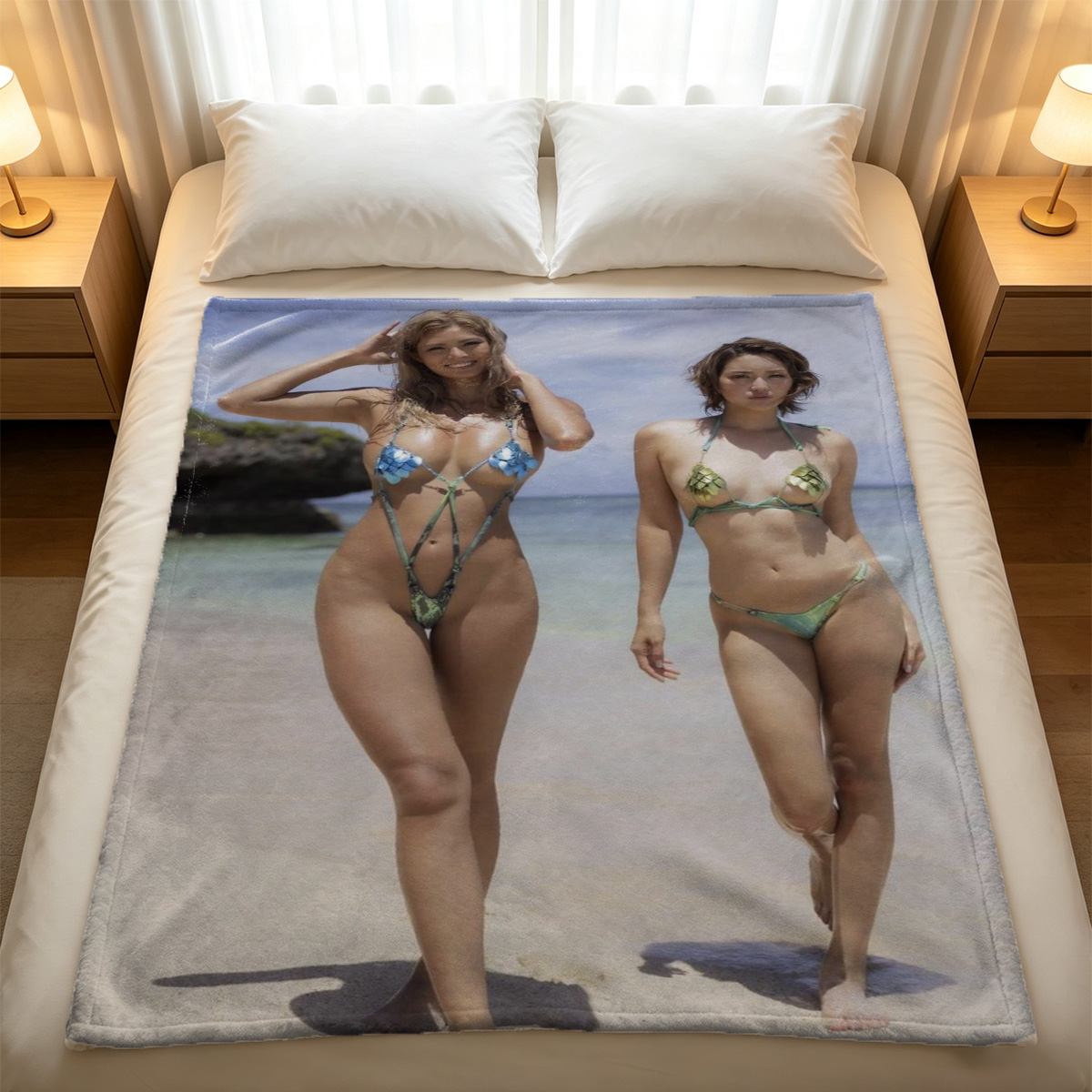 Two muscular women in black thongs posing on bed - Blanket
