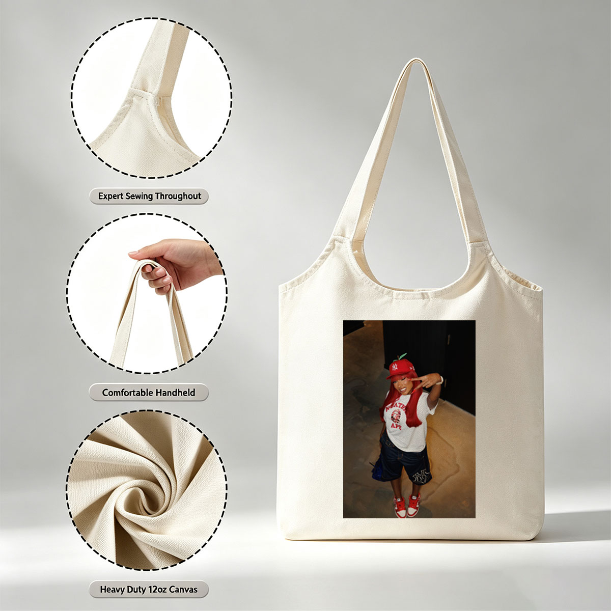 Nicki Minaj in a Red Apple Hat and A Bathing Ape Shirt, Striking a Pose with a Peace Sign - Canvas shoulder bags/