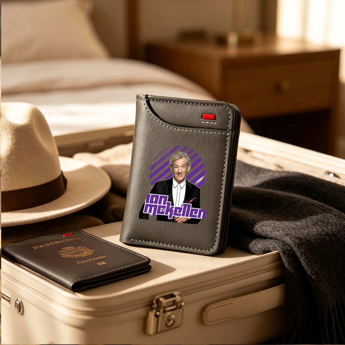 Ian McKellen in a formal suit with a purple and black striped background - Vertical Style Wallet