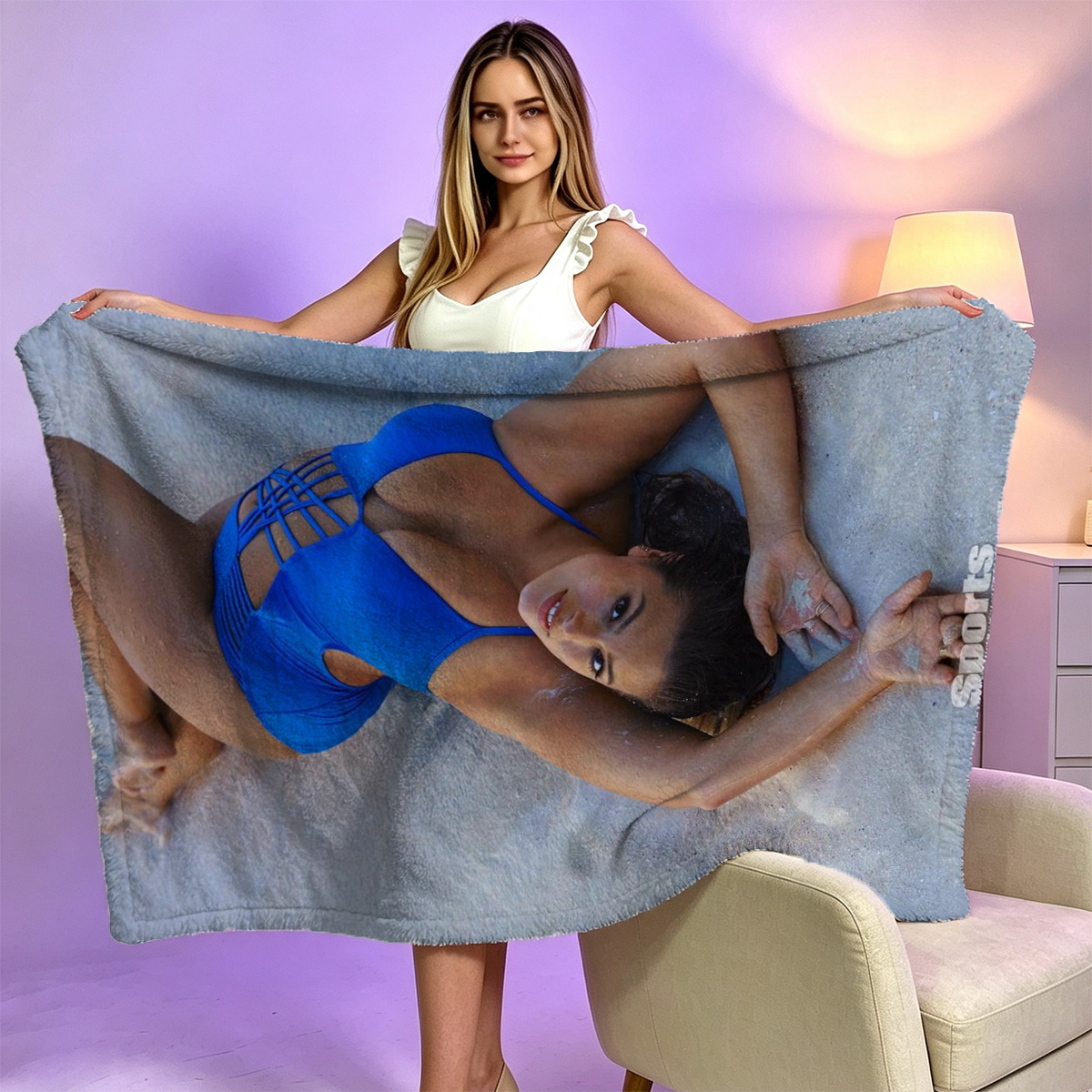 Emily in Black Lingerie on Blue Chair - Blanket