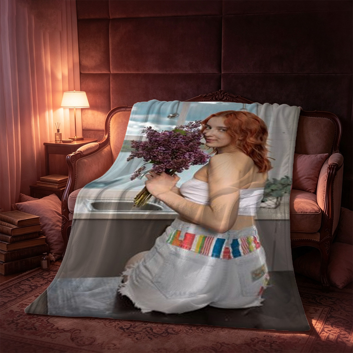 Blonde woman in beige lingerie stretching on kitchen chair, back view. - Blanket