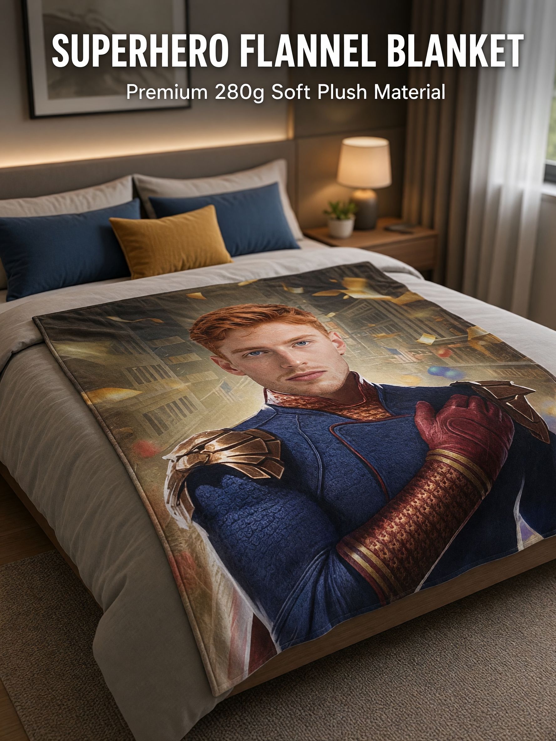 Custom Photo Flannel Fleece Blanket Personalized Face Portrait Superhero Theme Soft Warm Throw Blanket