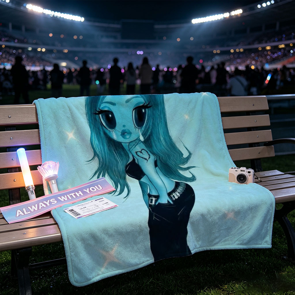 Aqua Blue Anime Girl in Black Dress with Heart Tattoo on Starry Background - Blankets