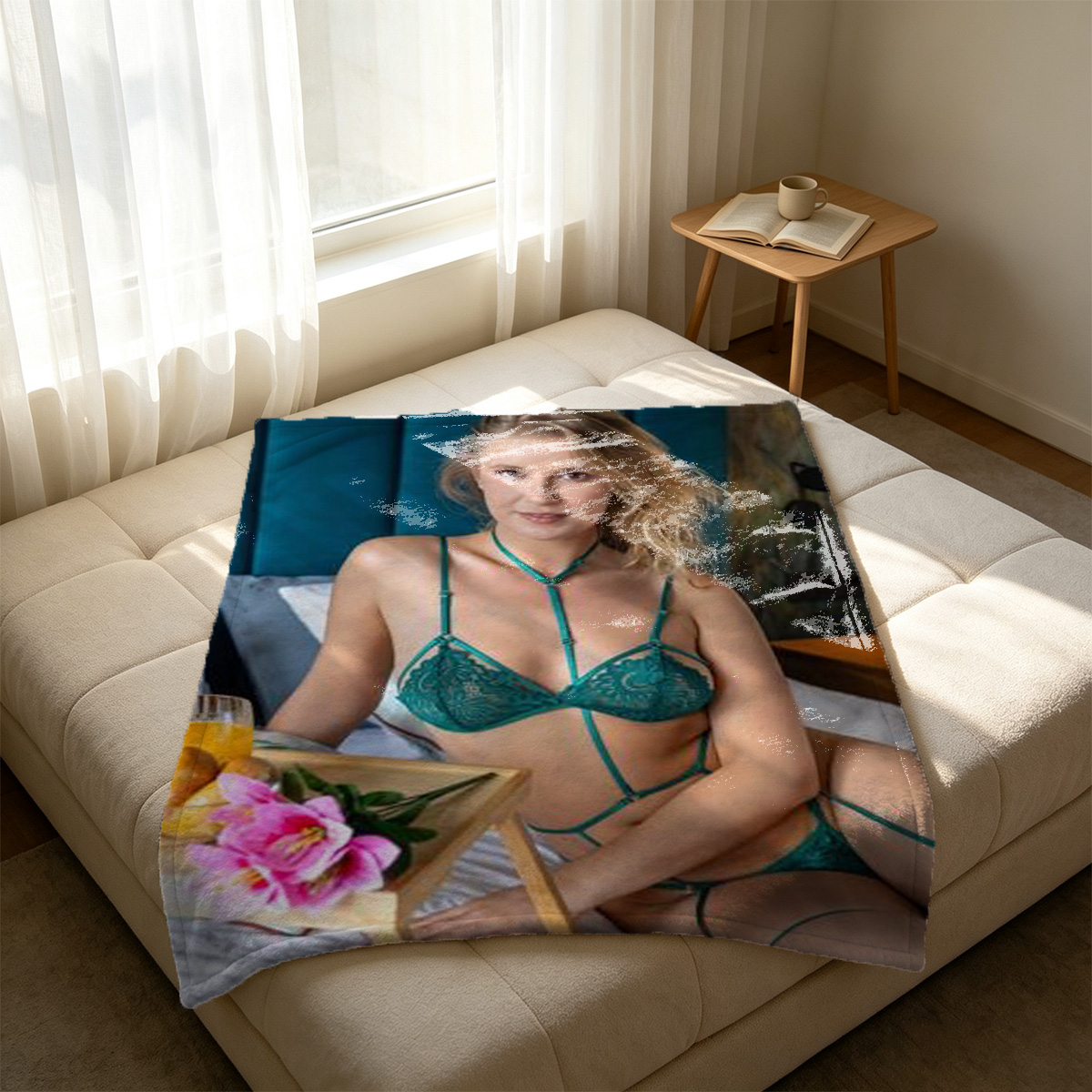 Two Lesbians Kissing in Lingerie on Couch - Blanket