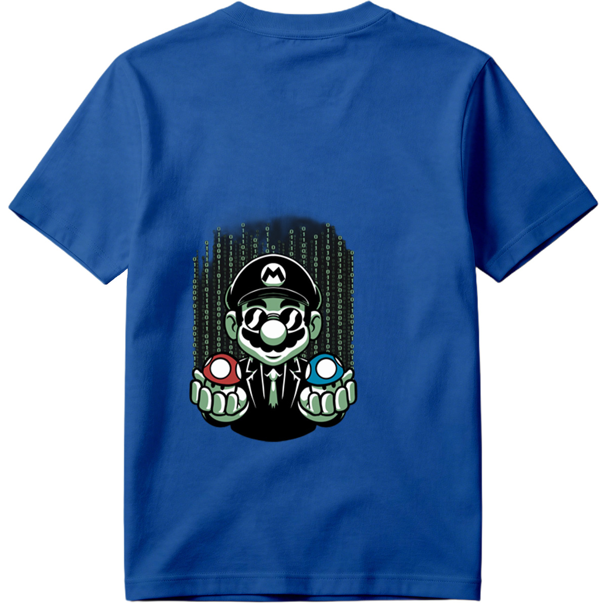 Mario in Matrix Code with Red and Blue Mushrooms - Tee