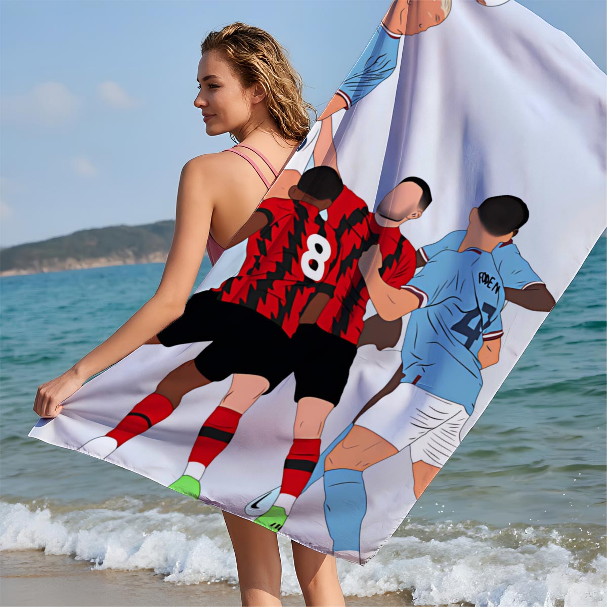 Soccer Players in Action: Blue vs Red Team Duel for Header - Beach towels