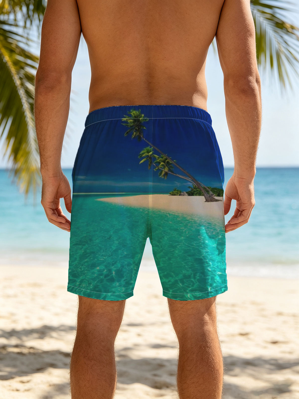 Serene tropical beach with crystal clear turquoise water and leaning palm trees under a vibrant blue sky. -  Beach shorts