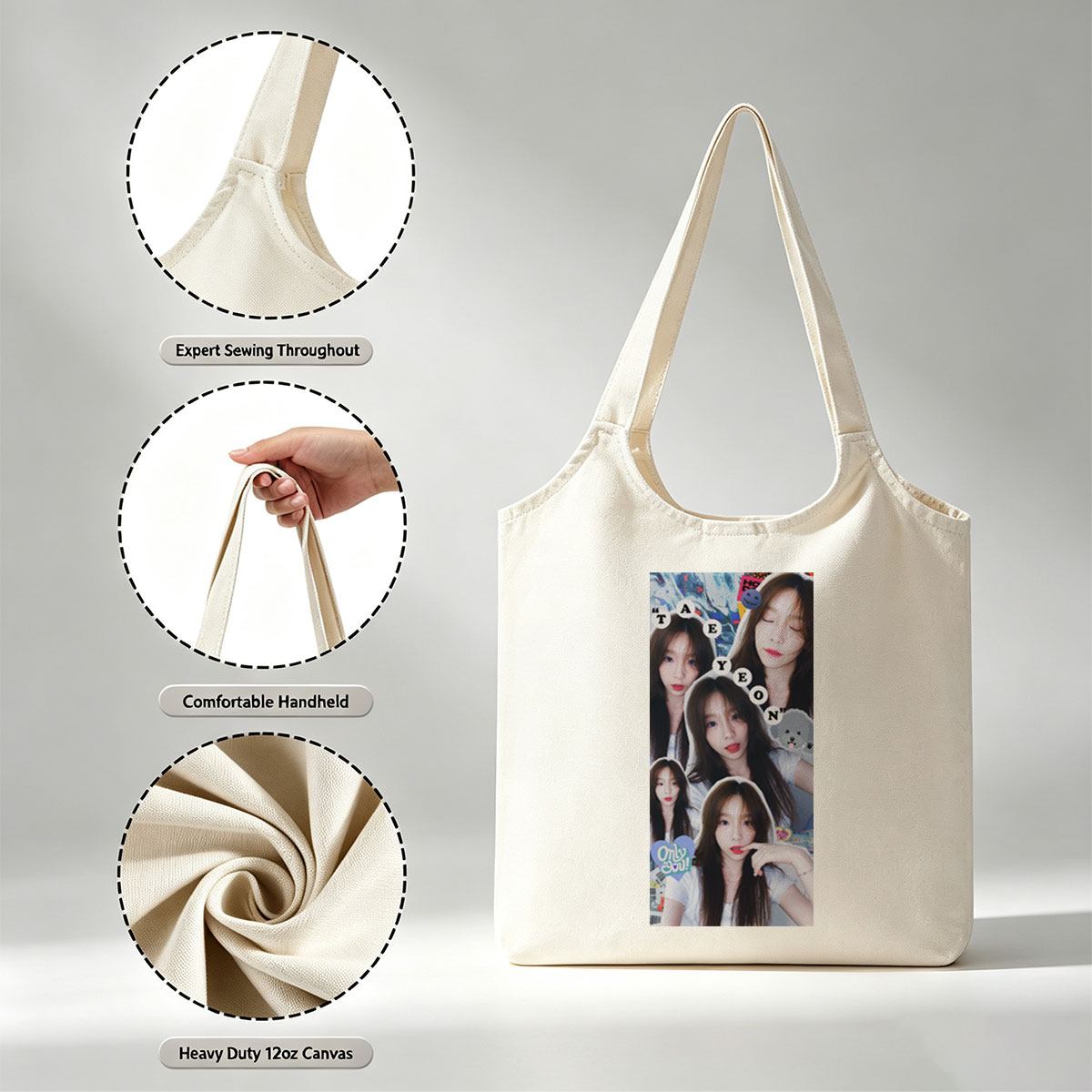 TAEYEON Collage Portrait Featuring Multiple Expressive Selfies with Playful Stickers and Text Overlay - Canvas shoulder bags/