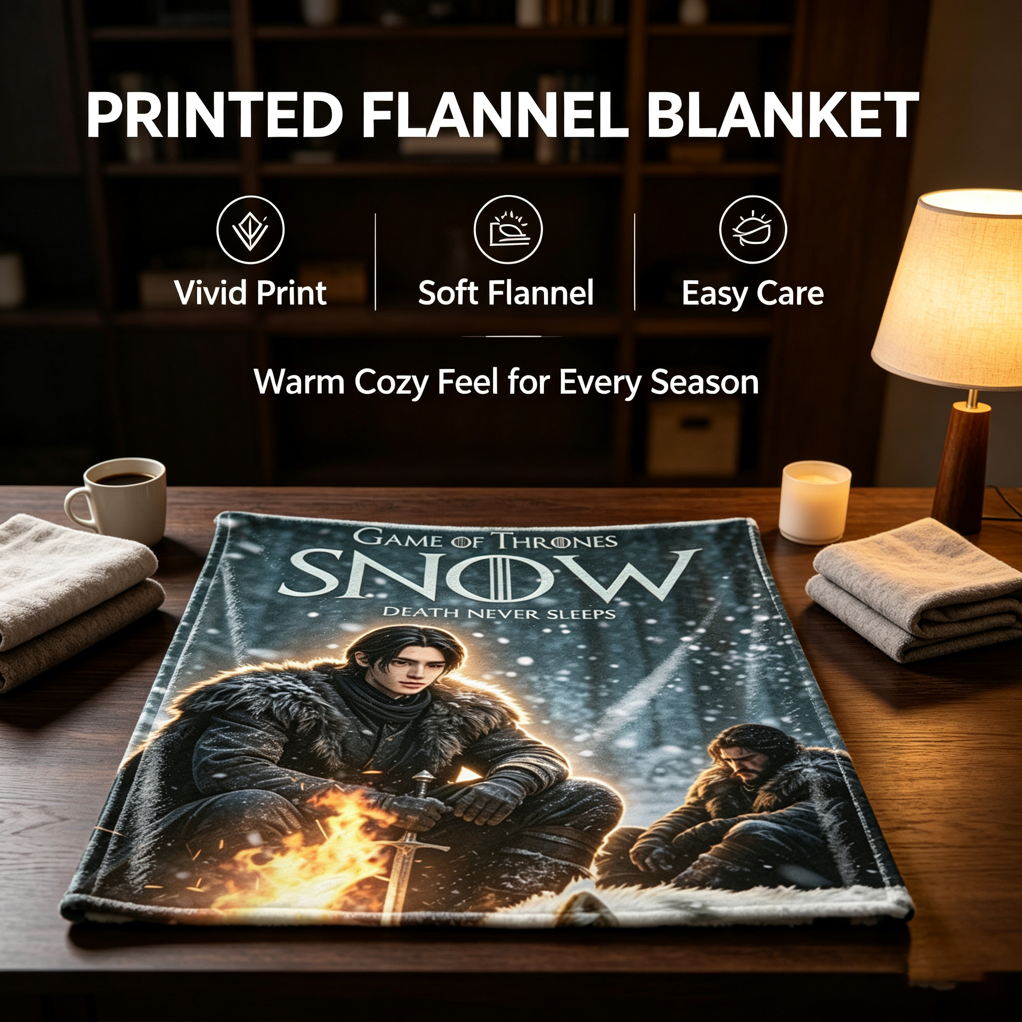Custom Face Blanket Game of Thrones Snow Flannel Blanket Winter Campfire Scene Gift for Fans