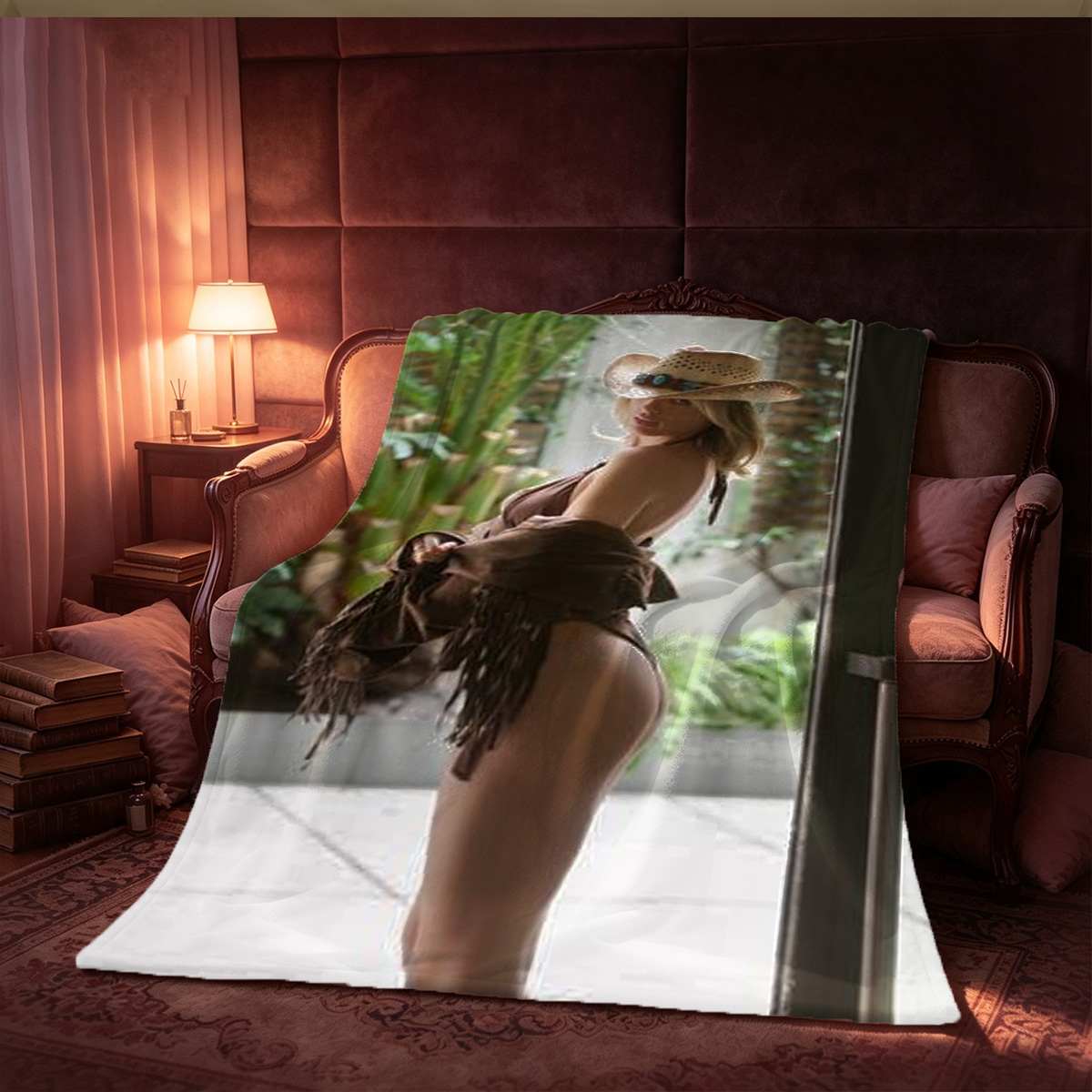 A nude Chinese beauty kneeling on a bed in a luxury hotel bedroom, holding a blue dress. - Blanket