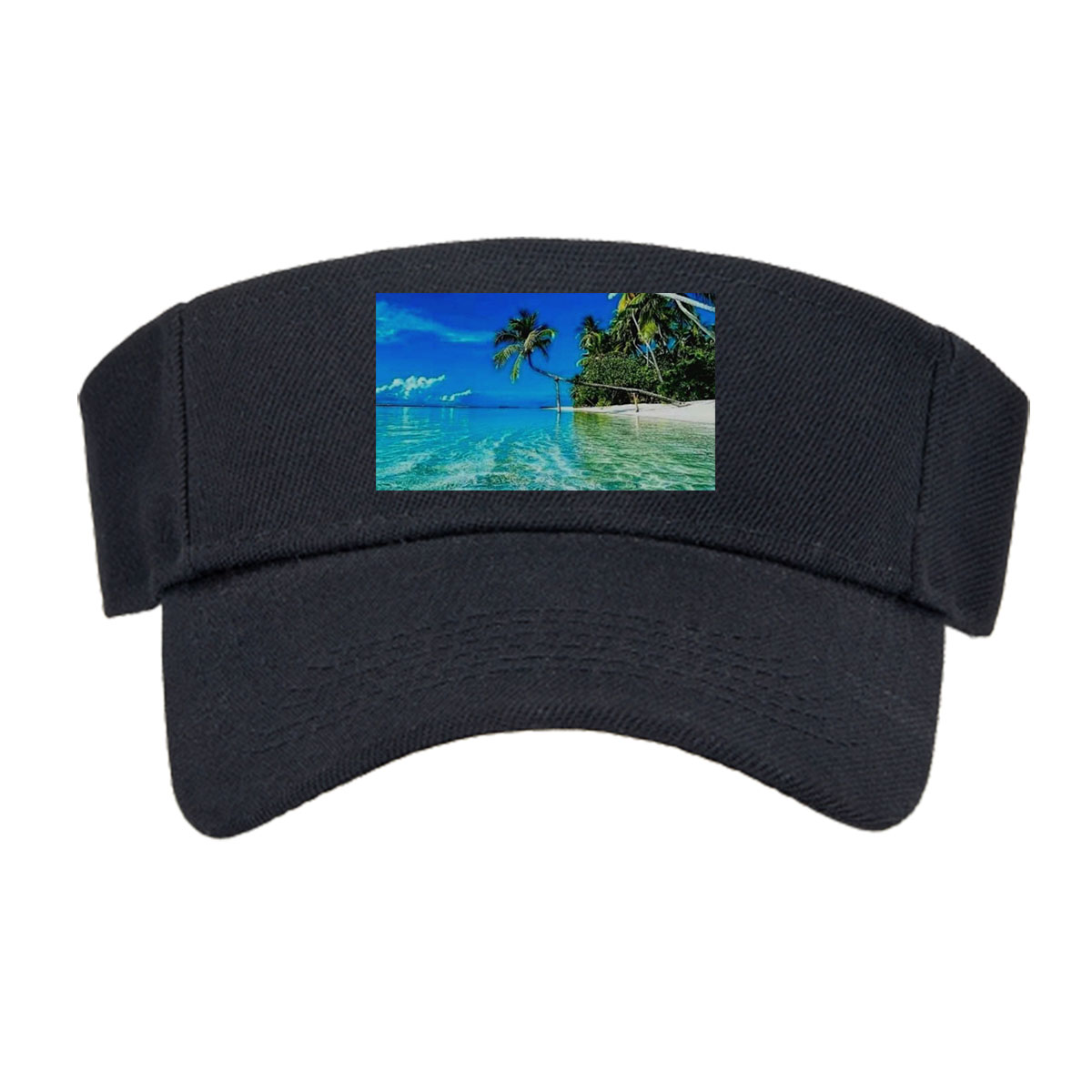 Crystal clear waters and swaying palms on a tropical paradise island under a vibrant blue sky. -  Visor cap