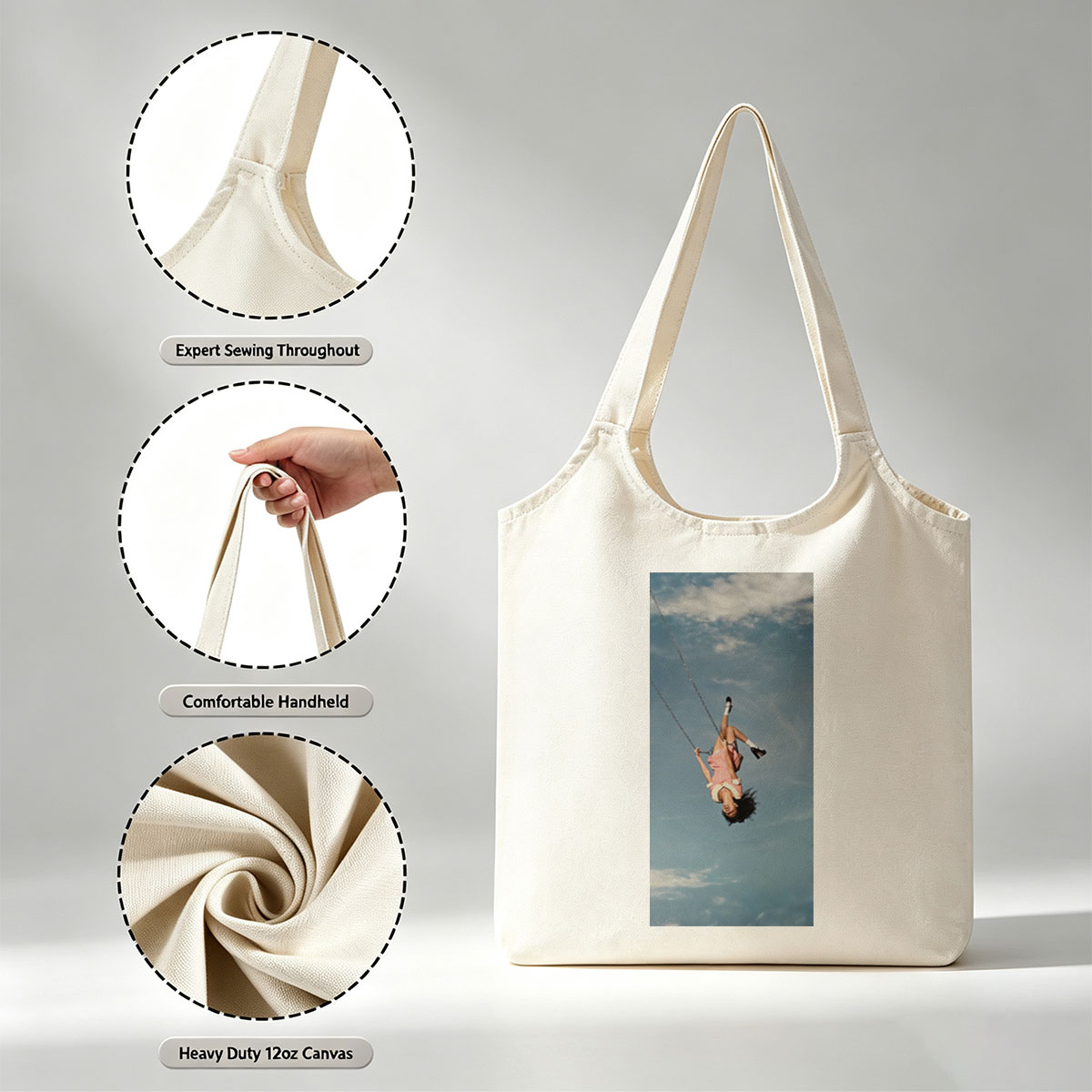 Taylor Swift Swinging on a Chain Against a Blue Sky - Canvas shoulder bags/