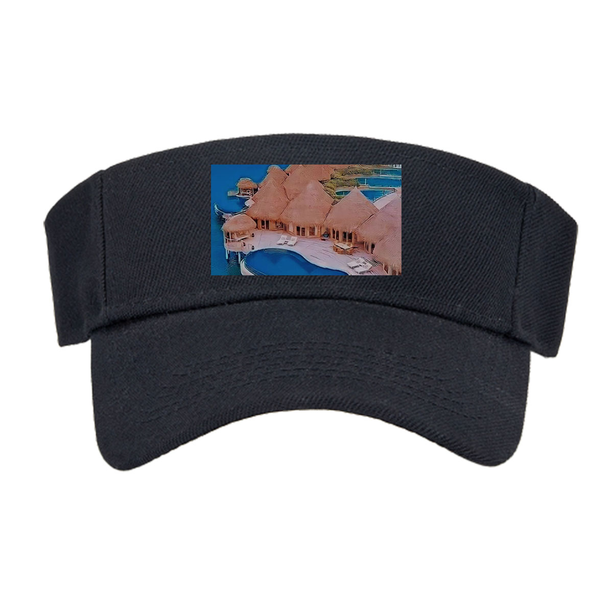 Overwater bungalows with private pools on a tropical island, surrounded by crystal blue waters and lush greenery. -  Visor cap
