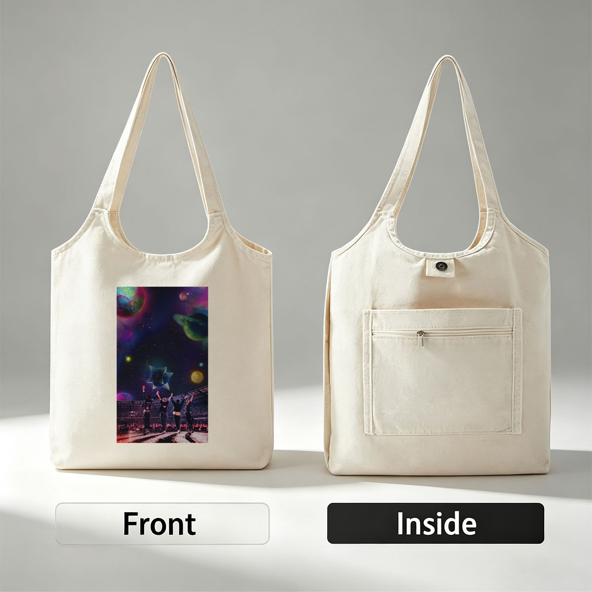 Coldplay Live Performance in a Cosmic Stadium with Vibrant Planets and Starry Sky Background - Canvas shoulder bags/
