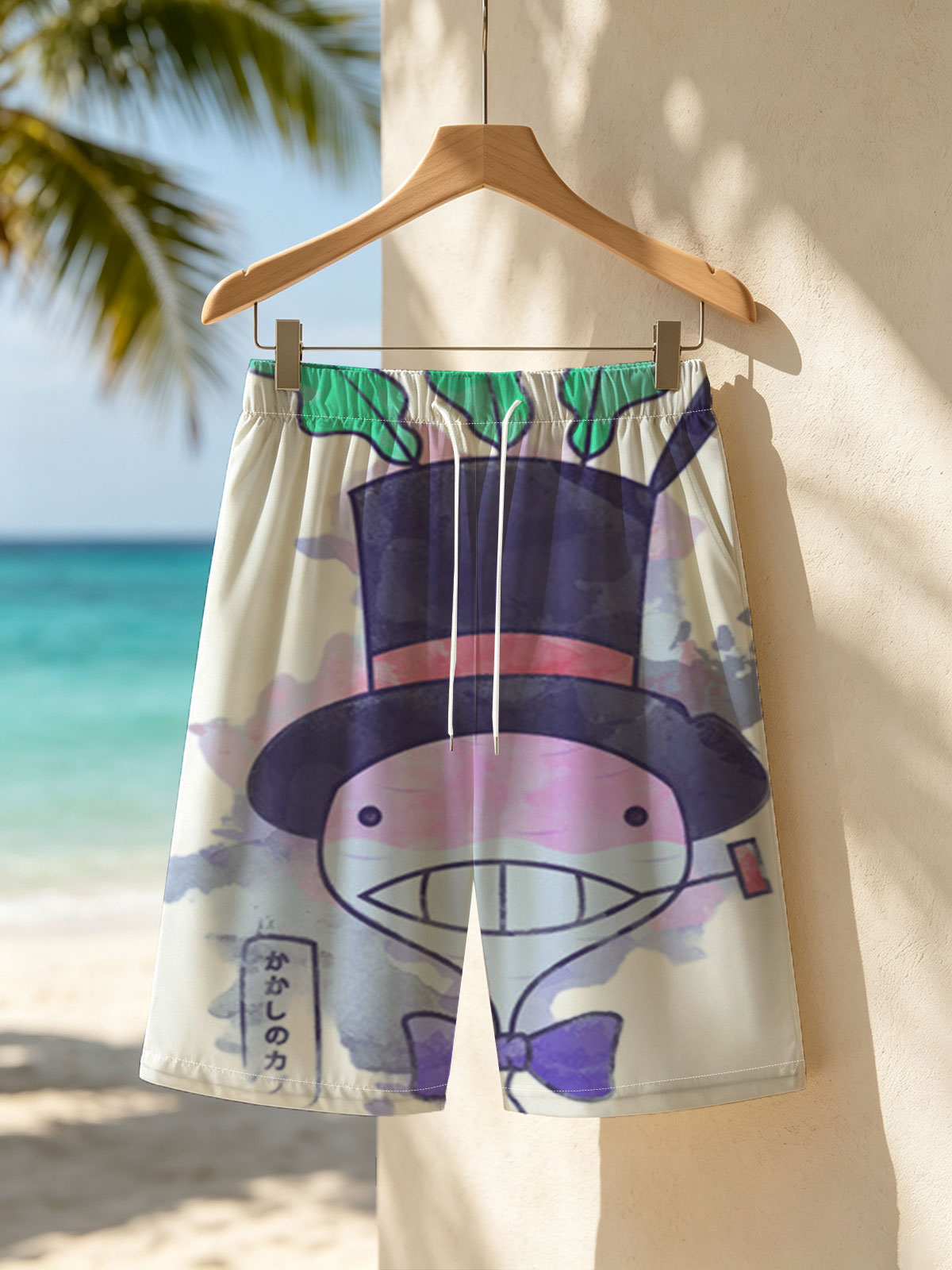 Whimsical Character with Top Hat and Bow Tie -  Beach shorts