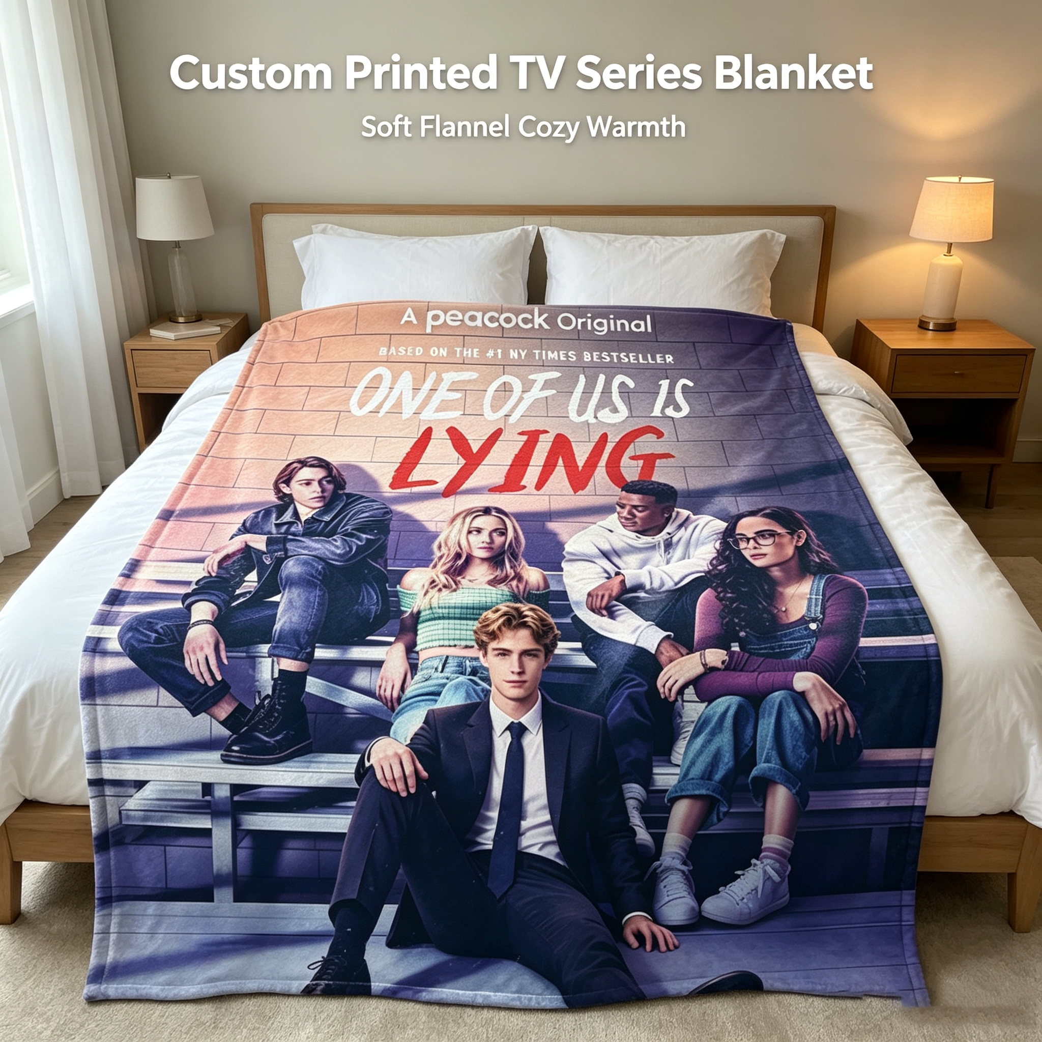 Custom Face Blanket One of Us Is Lying Flannel Blanket for Fans of the Peacock Original Series Perfect Gift for Teen Drama Lovers and Book-to-Screen Adaptation Enthusiasts