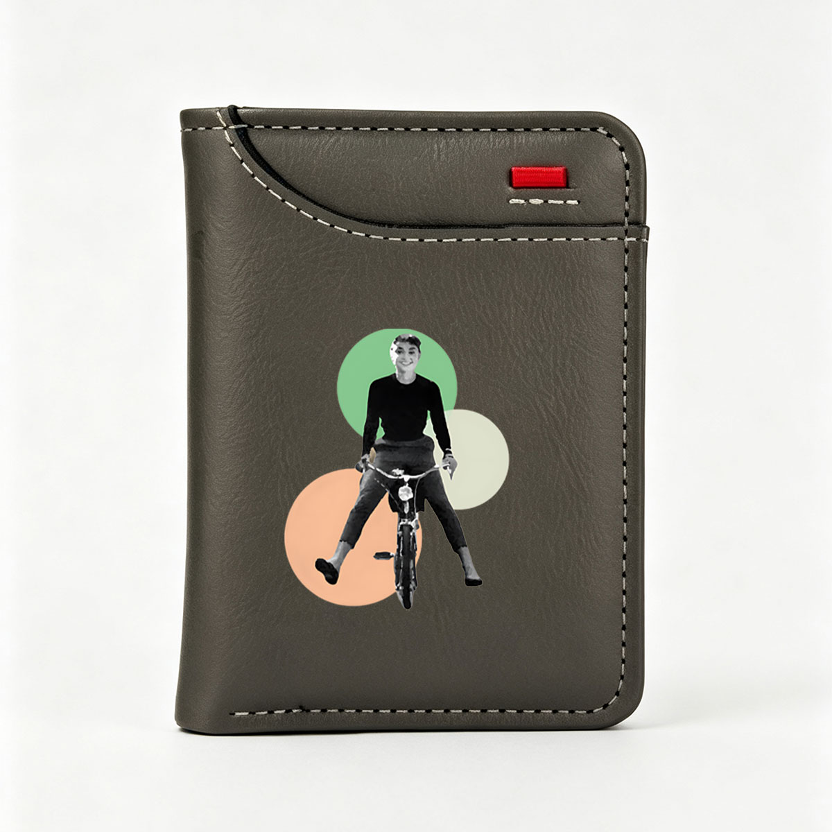 Woman Riding Bicycle with Colorful Circles Background - Vertical Style Wallet