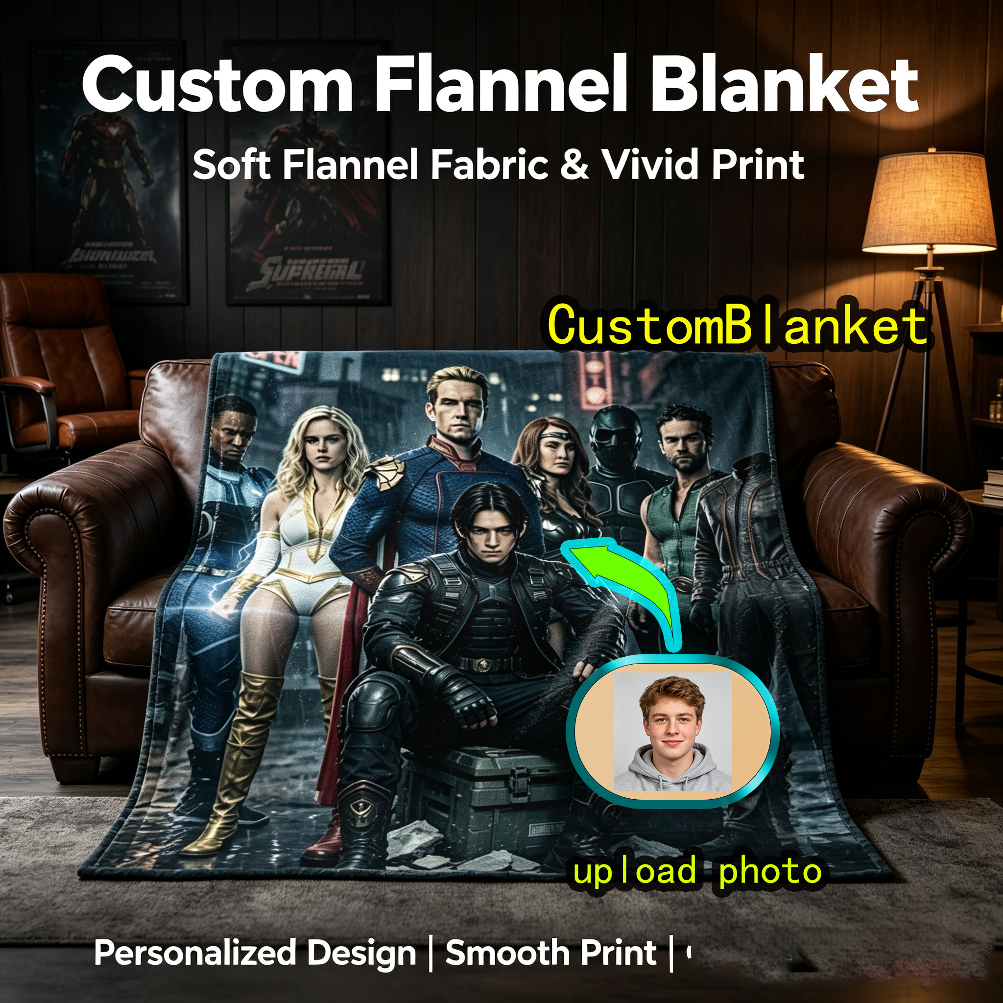 Custom Face Blanket The Boys Superhero Team Flannel Blanket Cozy Living Room Gift for Fans and Collectors
