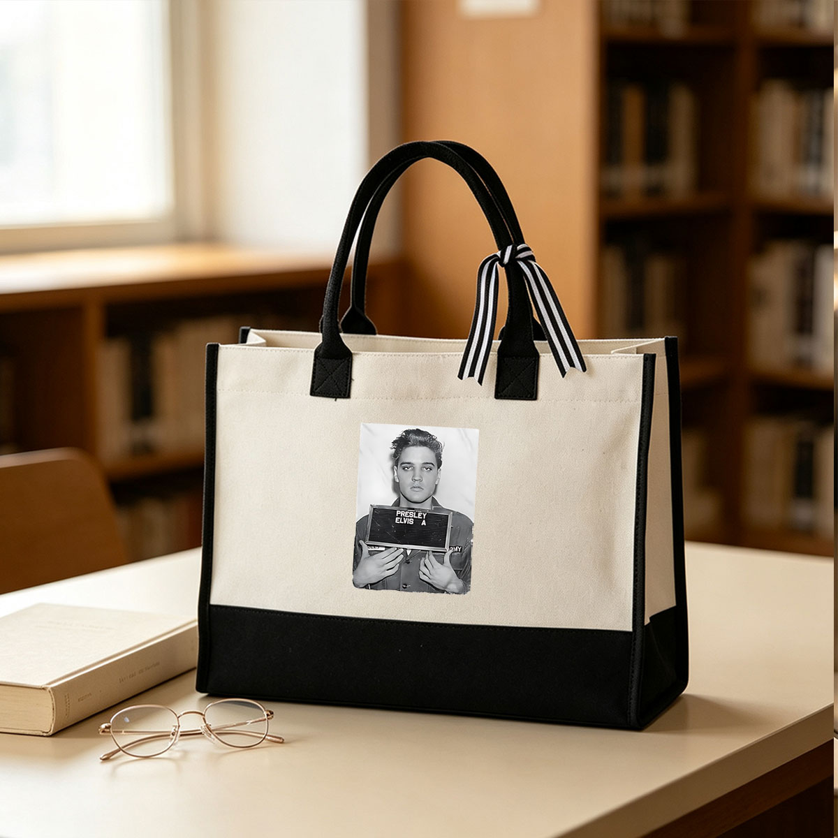Elvis Presley Army Mugshot 1958 - Canvas patchwork gift tote bag