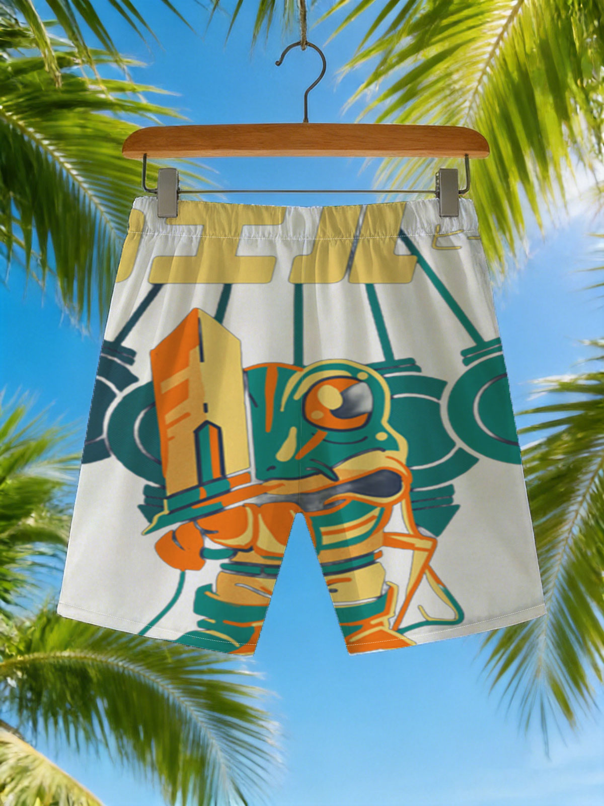 Frog Hero: Animated Character in Armor with Sword and Mechanical Background -  Beach shorts