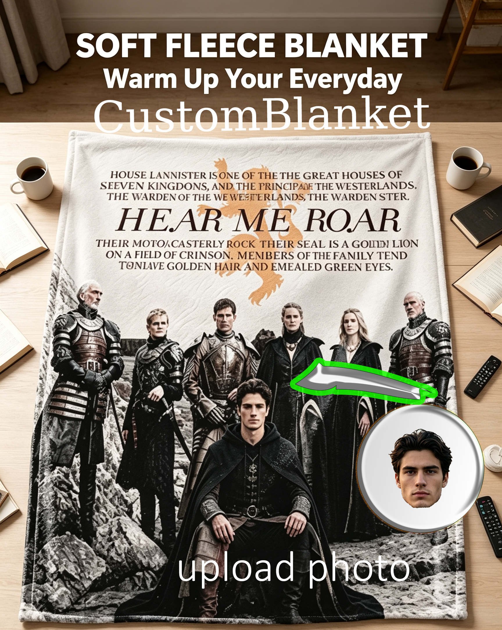 Custom Face Blanket Game of Thrones House Lannister Flannel Blanket for Couch, Bed, or Travel – Perfect Gift for Fans and Collectors