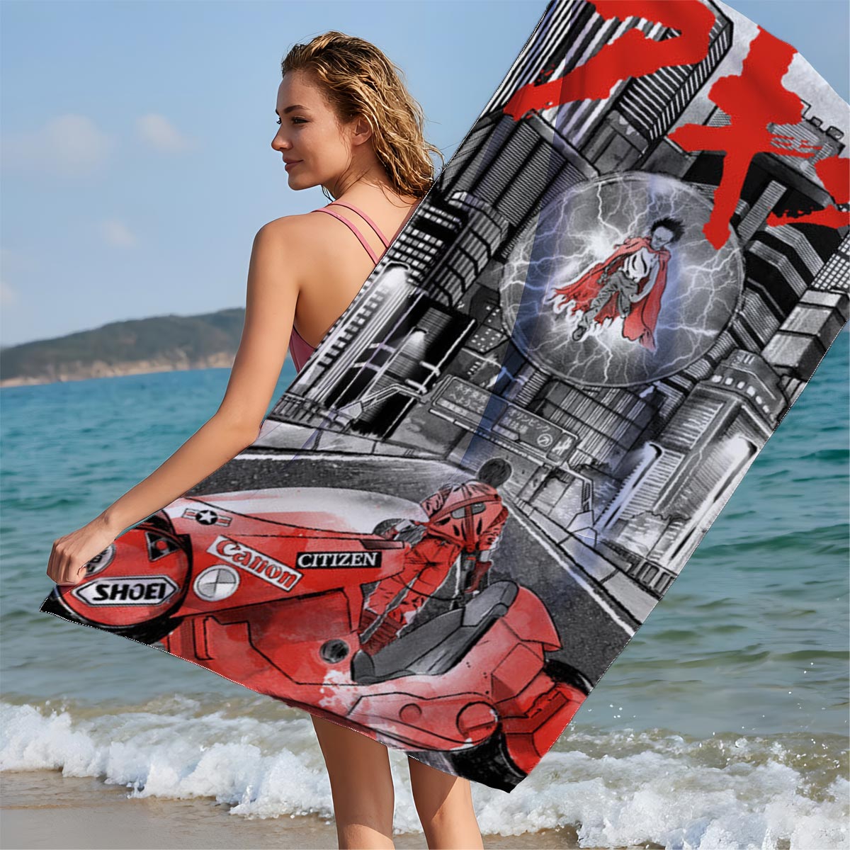 Akira: Neo-Tokyo Rider on a Red Motorcycle with a Floating Figure in a Thunderous Sphere - Beach towels
