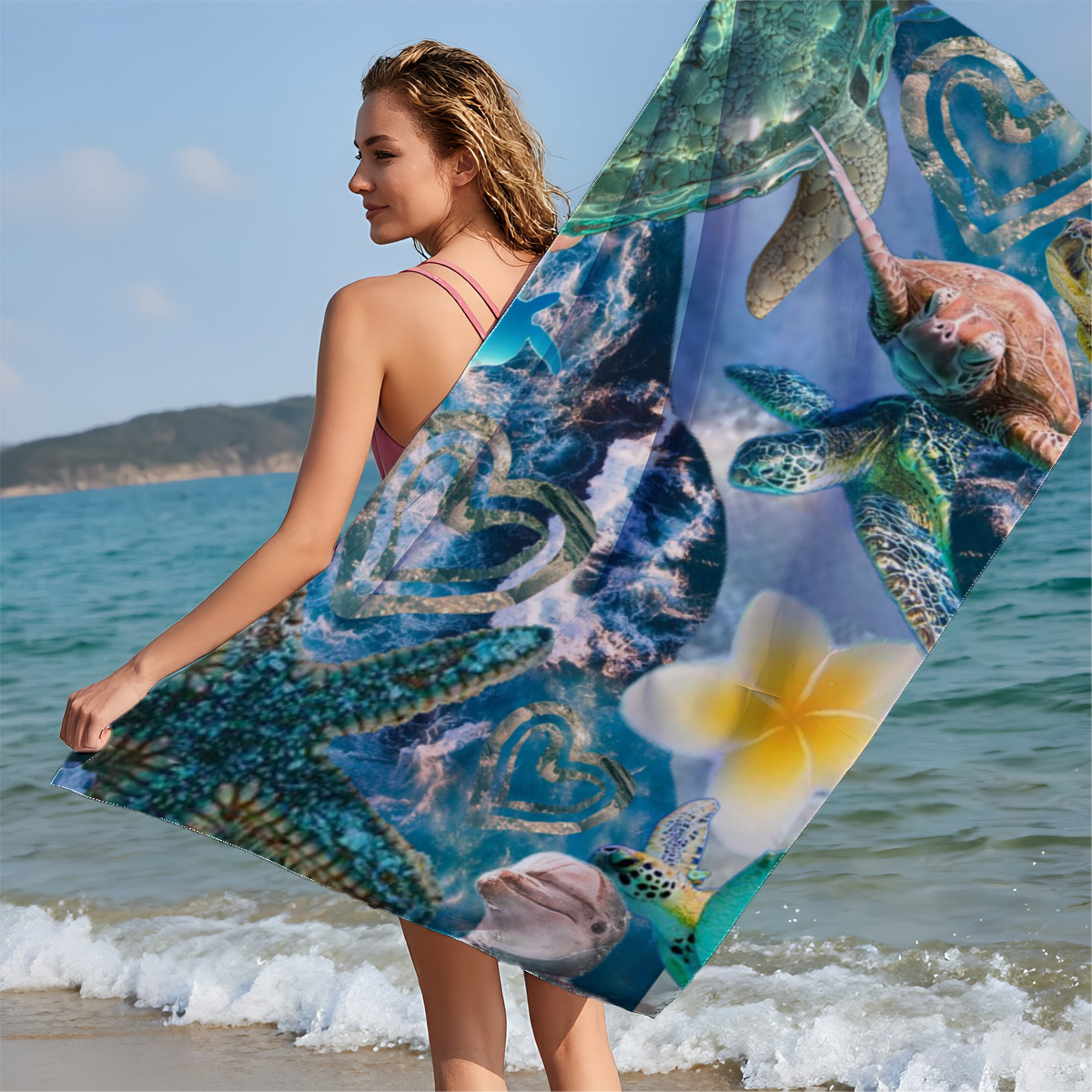 Turtles, stars, and flowers in a heart-filled ocean scene - Beach towels